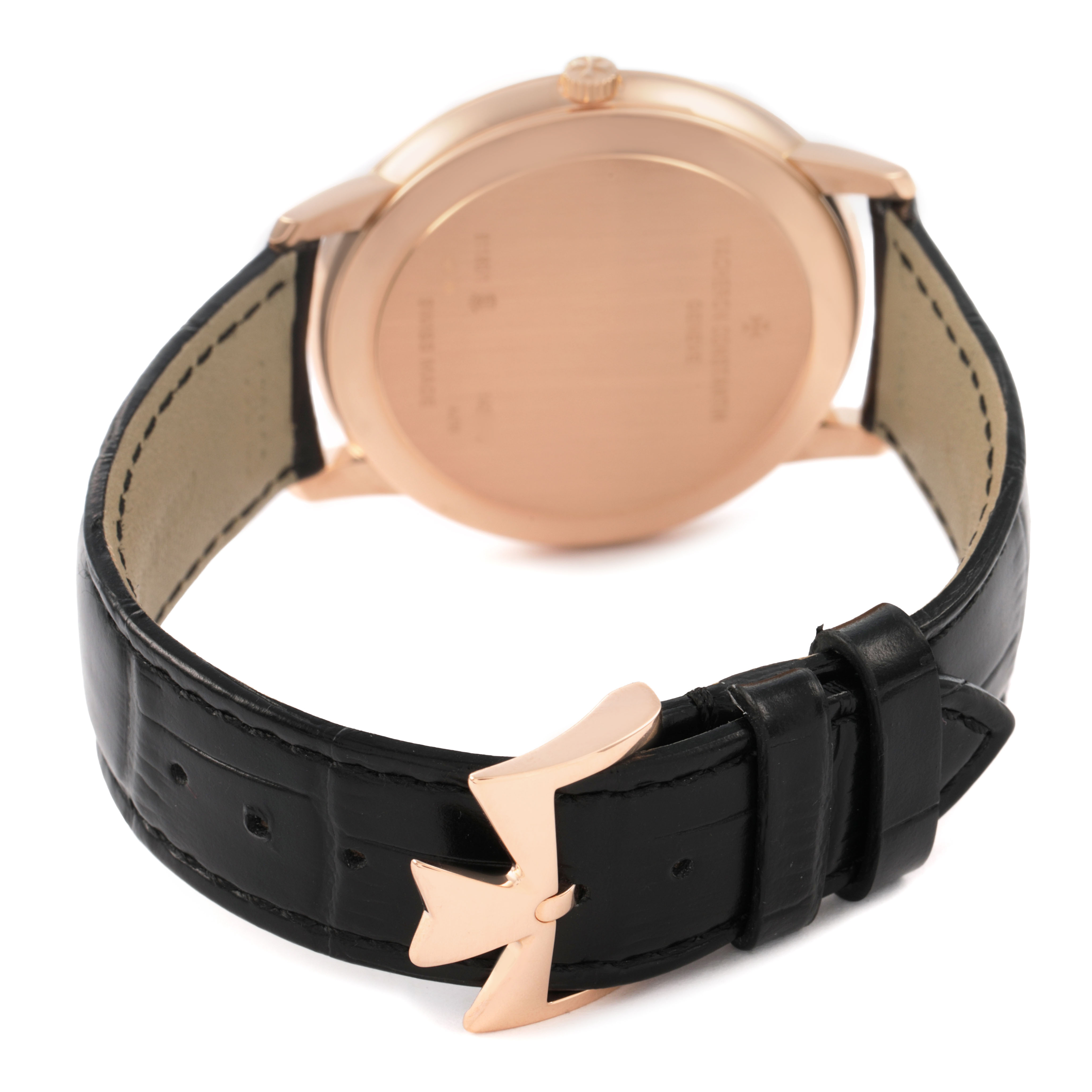 The image shows the back of the Vacheron Constantin Patrimony 81180/000R-B518 Men's Rose Gold Blue Dial watch, highlighting the case, leather strap, and clasp.