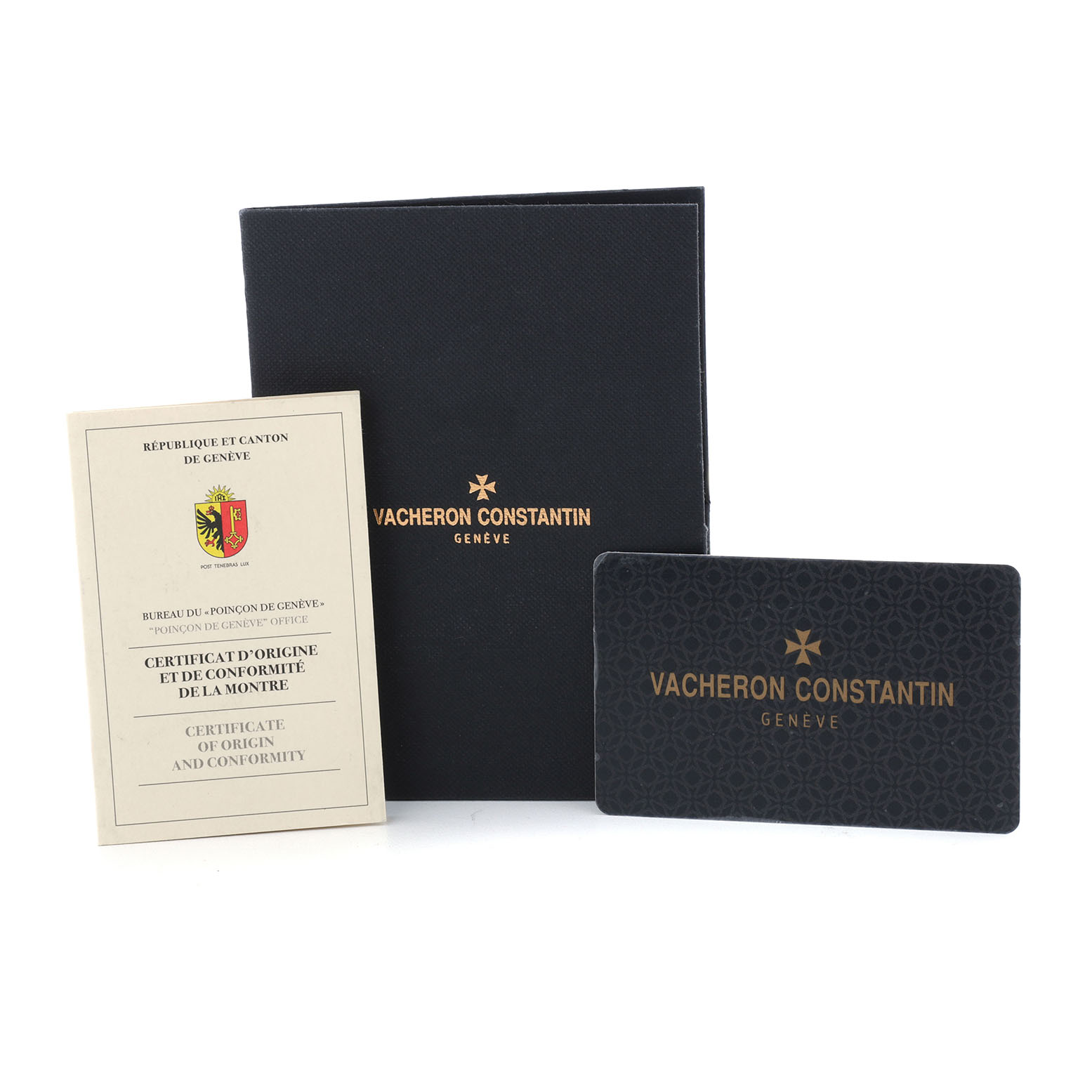The image shows documentation and accessories for the Vacheron Constantin Patrimony 81180/000R-B518 Men's Rose Gold Blue Dial watch, including a certificate and branded cardholder.