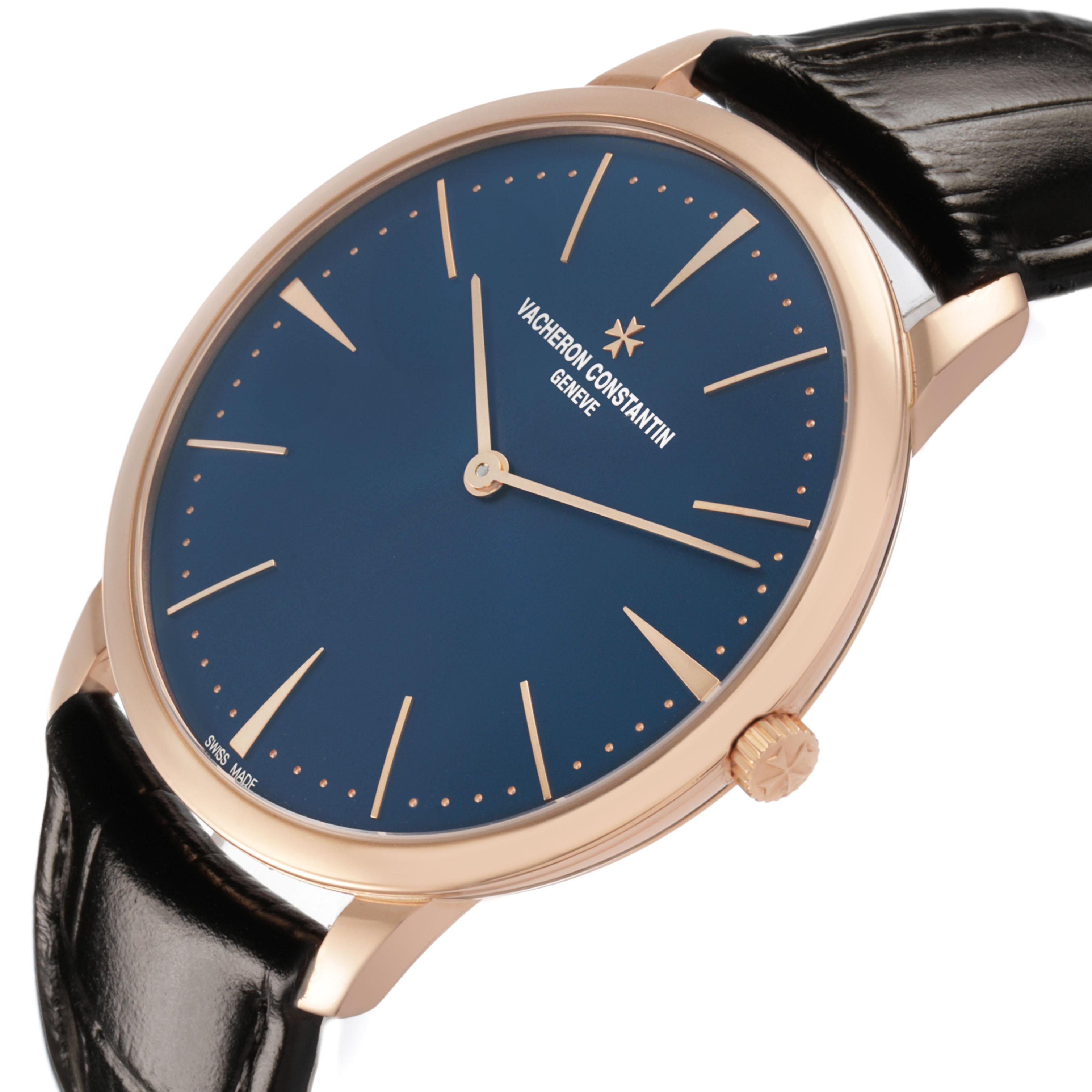 The Vacheron Constantin Patrimony 81180/000R-B518 Men's Rose Gold Blue Dial watch is shown at a slight angle, displaying the dial, case, crown, and leather strap.
