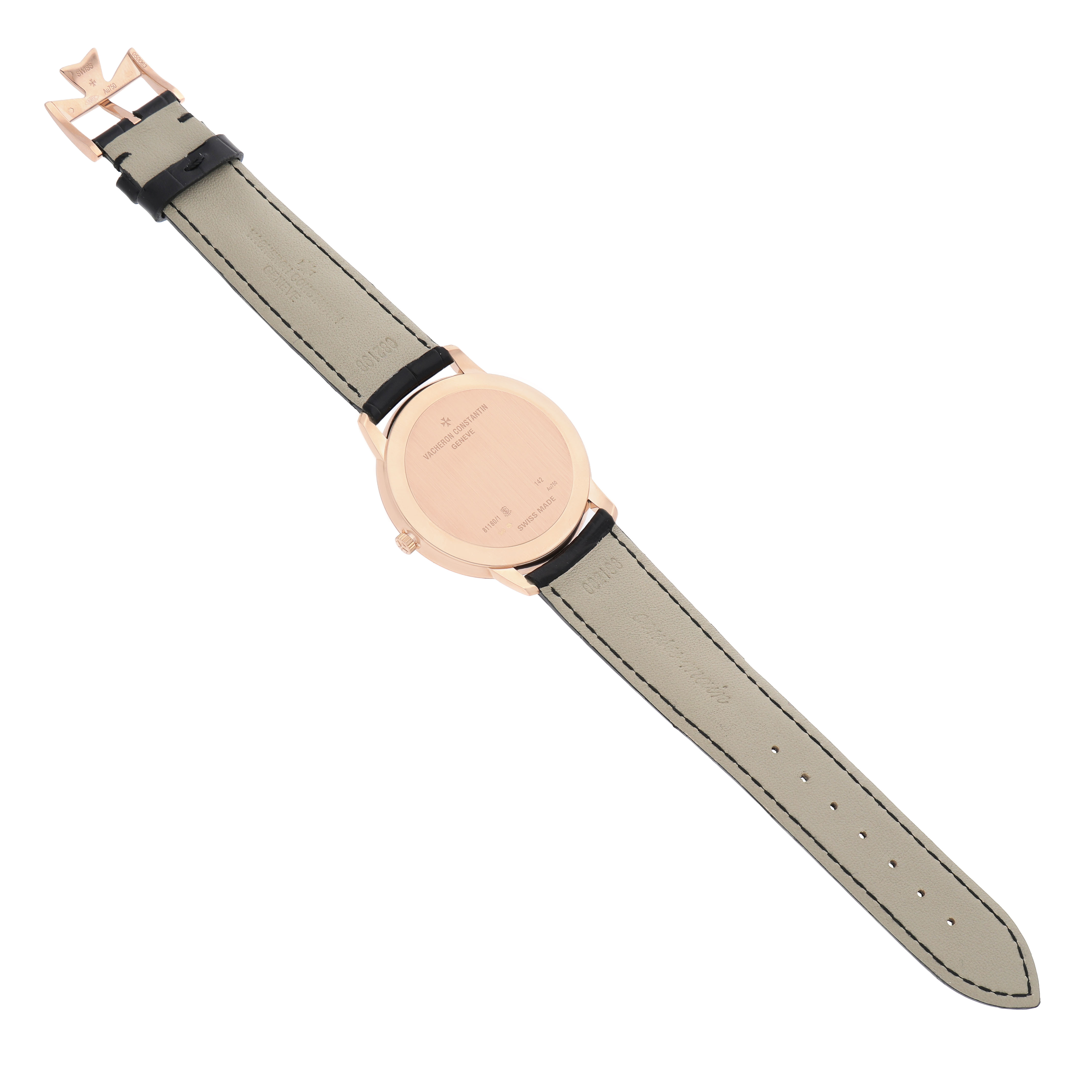 The image shows the back view of a Vacheron Constantin Patrimony 81180/000R-B518 Men's Rose Gold Blue Dial watch, highlighting the case back and strap.