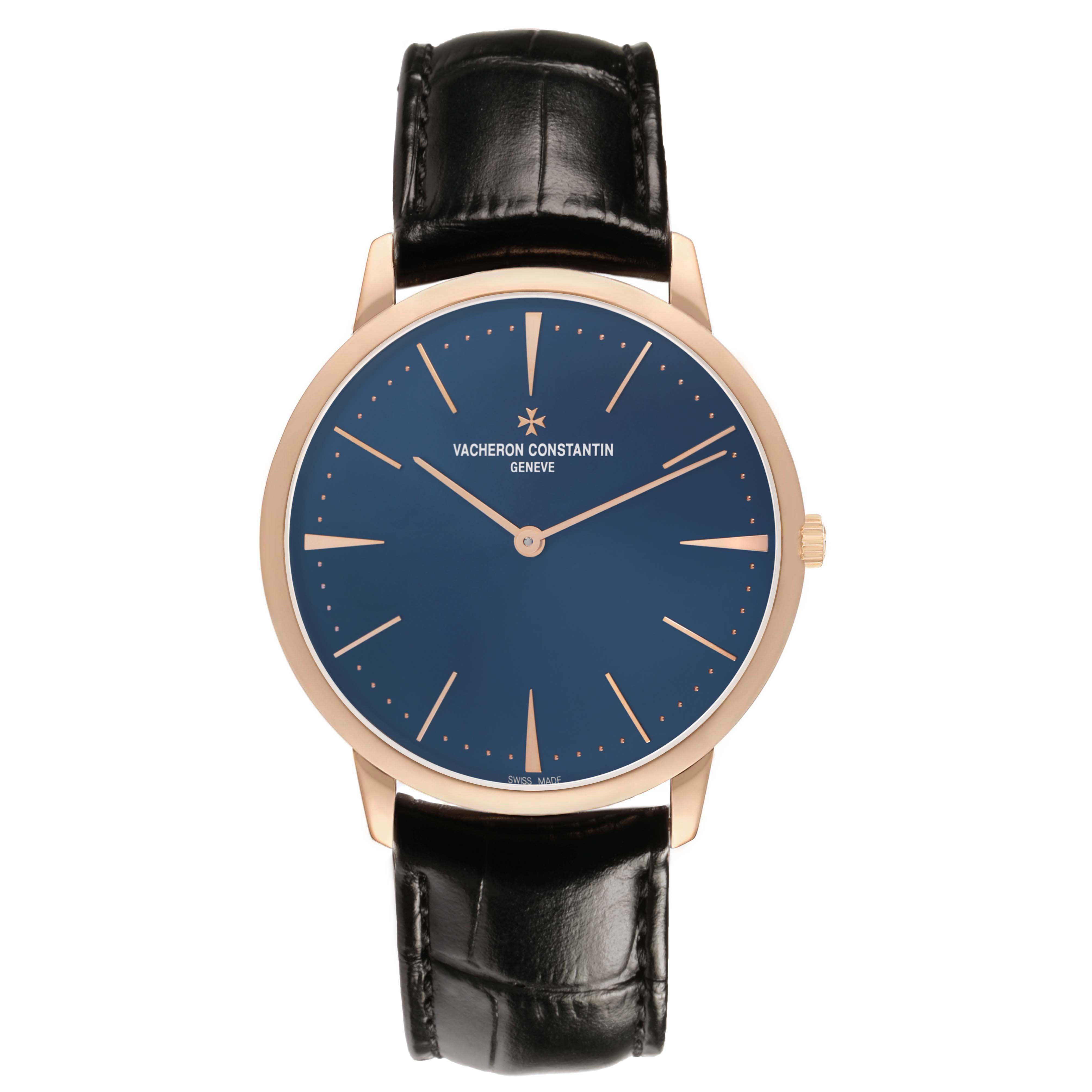The Vacheron Constantin Patrimony 81180/000R-B518 Men's Rose Gold Blue Dial watch is shown from a front angle, displaying the face, crown, and black leather strap.