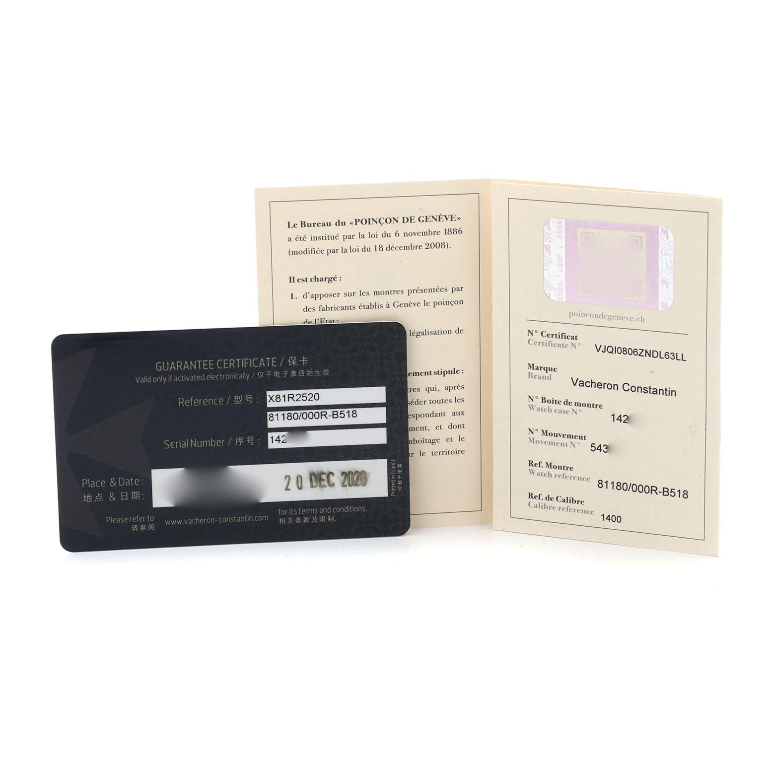 The image shows the guarantee certificate and paperwork for the Vacheron Constantin Patrimony 81180/000R-B518 Men's Rose Gold Blue Dial model, placed upright.