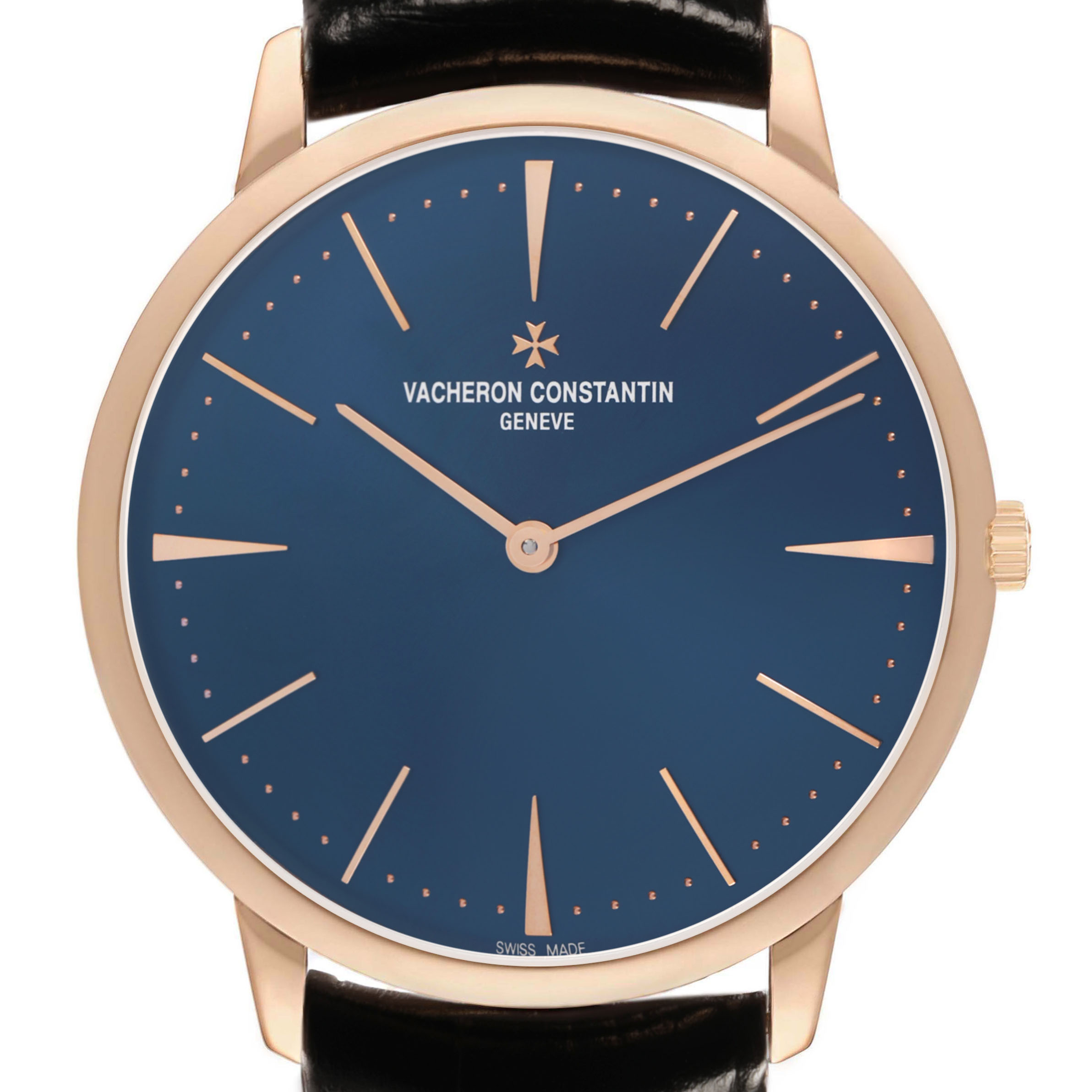 The Vacheron Constantin Patrimony 81180/000R-B518 Men's Rose Gold Blue Dial watch is shown from a front angle, highlighting its blue dial, gold markers, and minute hands.