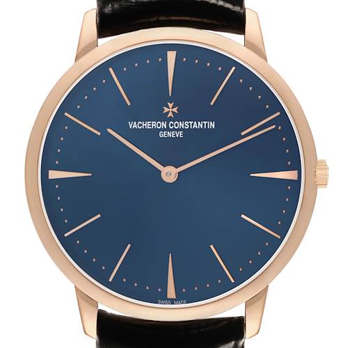 The Vacheron Constantin Patrimony 81180/000R-B518 Men's Rose Gold Blue Dial watch is shown from the front, highlighting its blue dial, gold hands, and hour markers.