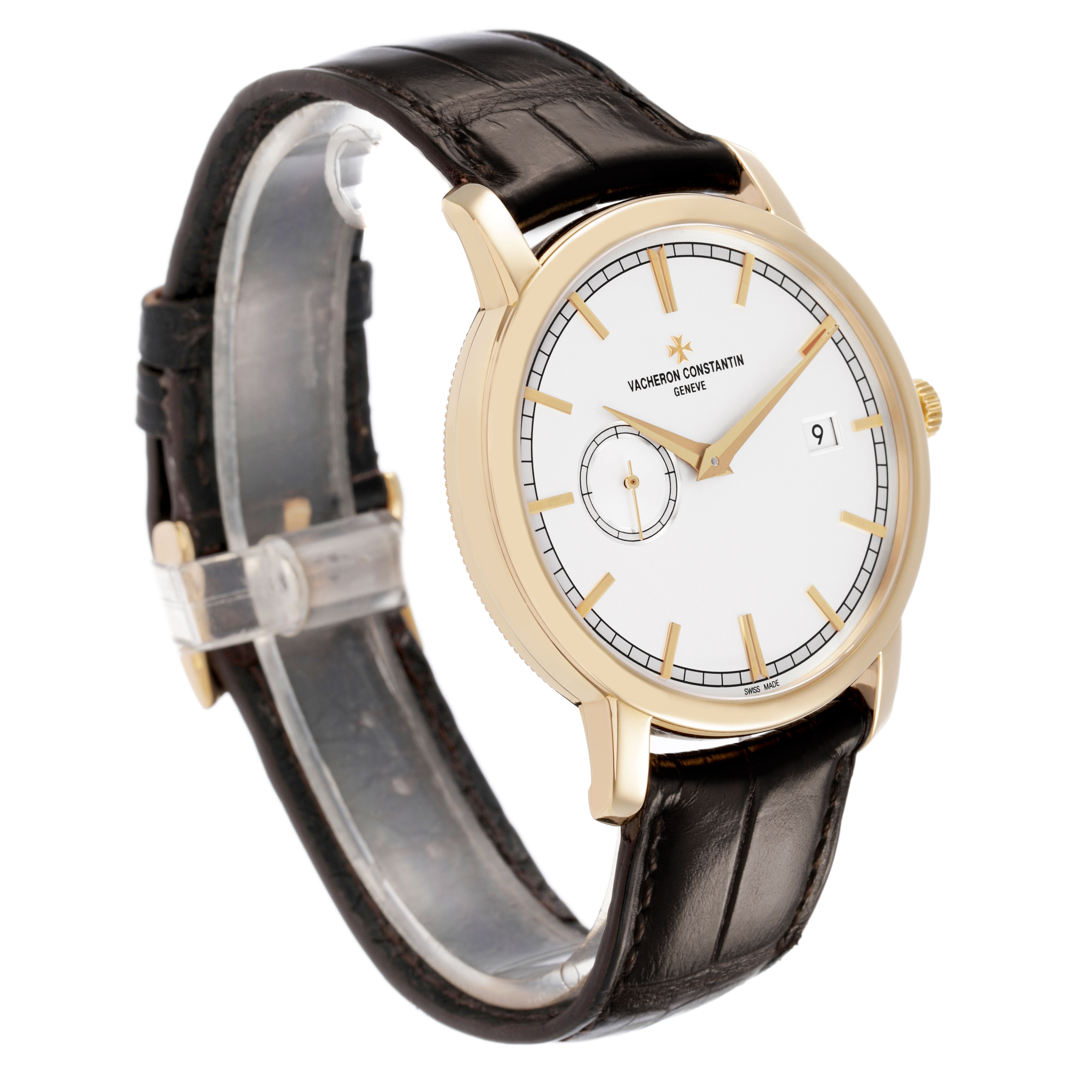 The Vacheron Constantin Traditionnelle 87172/000J-9512 Men's Yellow Gold Silver Dial watch is shown at a three-quarter angle, displaying the face, leather strap, and crown.