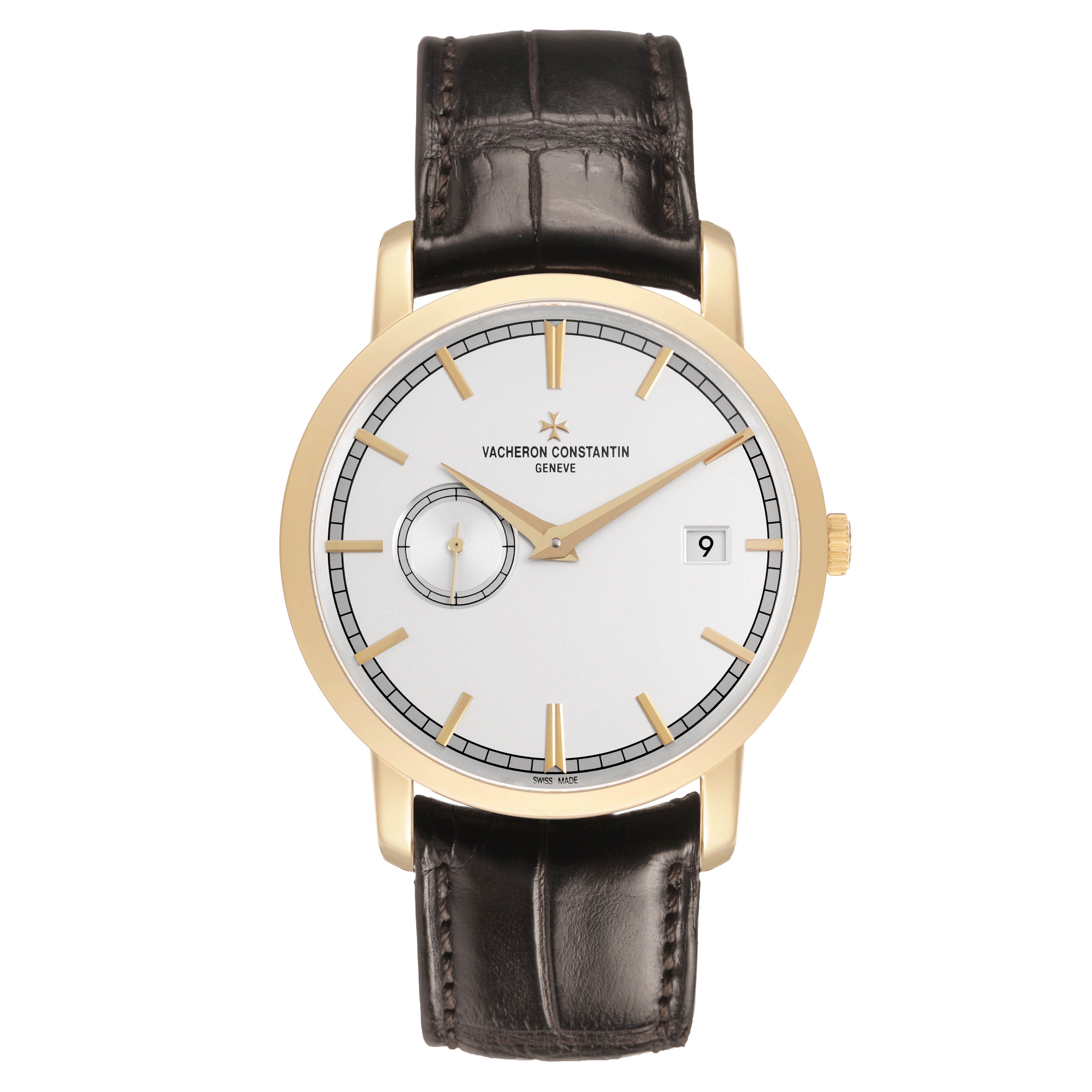 The Vacheron Constantin Traditionnelle 87172/000J-9512 Men's Yellow Gold Silver Dial watch is shown from the front, displaying the dial, hands, crown, and strap.