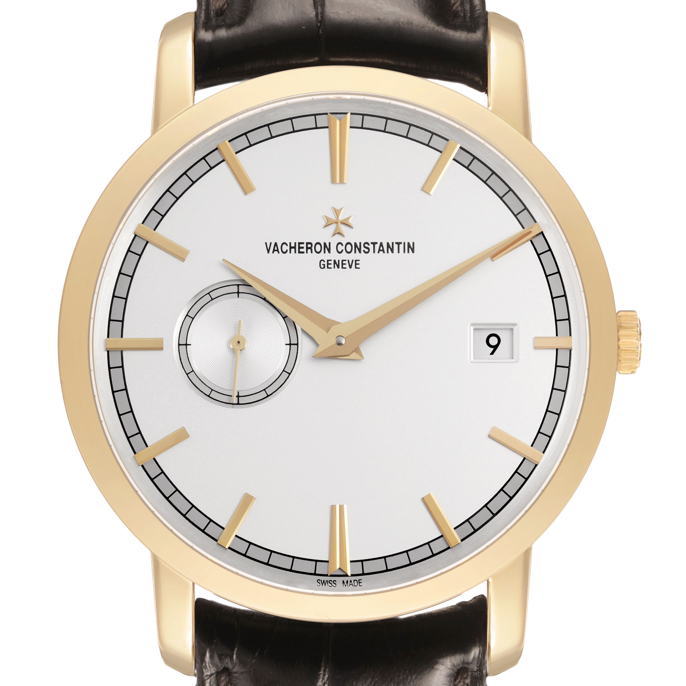 The watch is shown from a front view, displaying the Vacheron Constantin Traditionnelle 87172/000J-9512 Men's Yellow Gold Silver Dial dial, markers, hands, sub-dial, and date window.