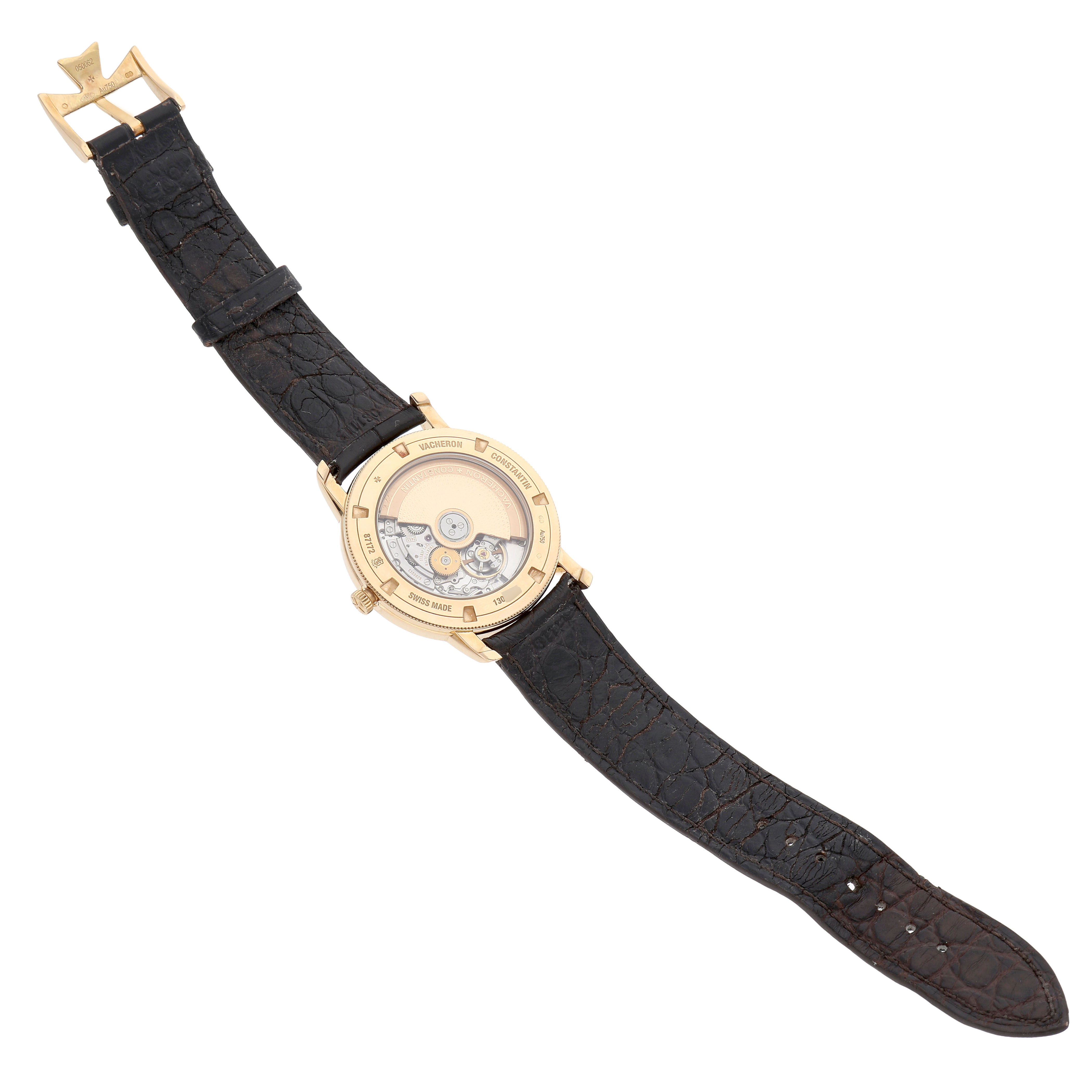 The Traditionnelle by Vacheron Constantin is shown from the back, revealing the movement and strap detail.