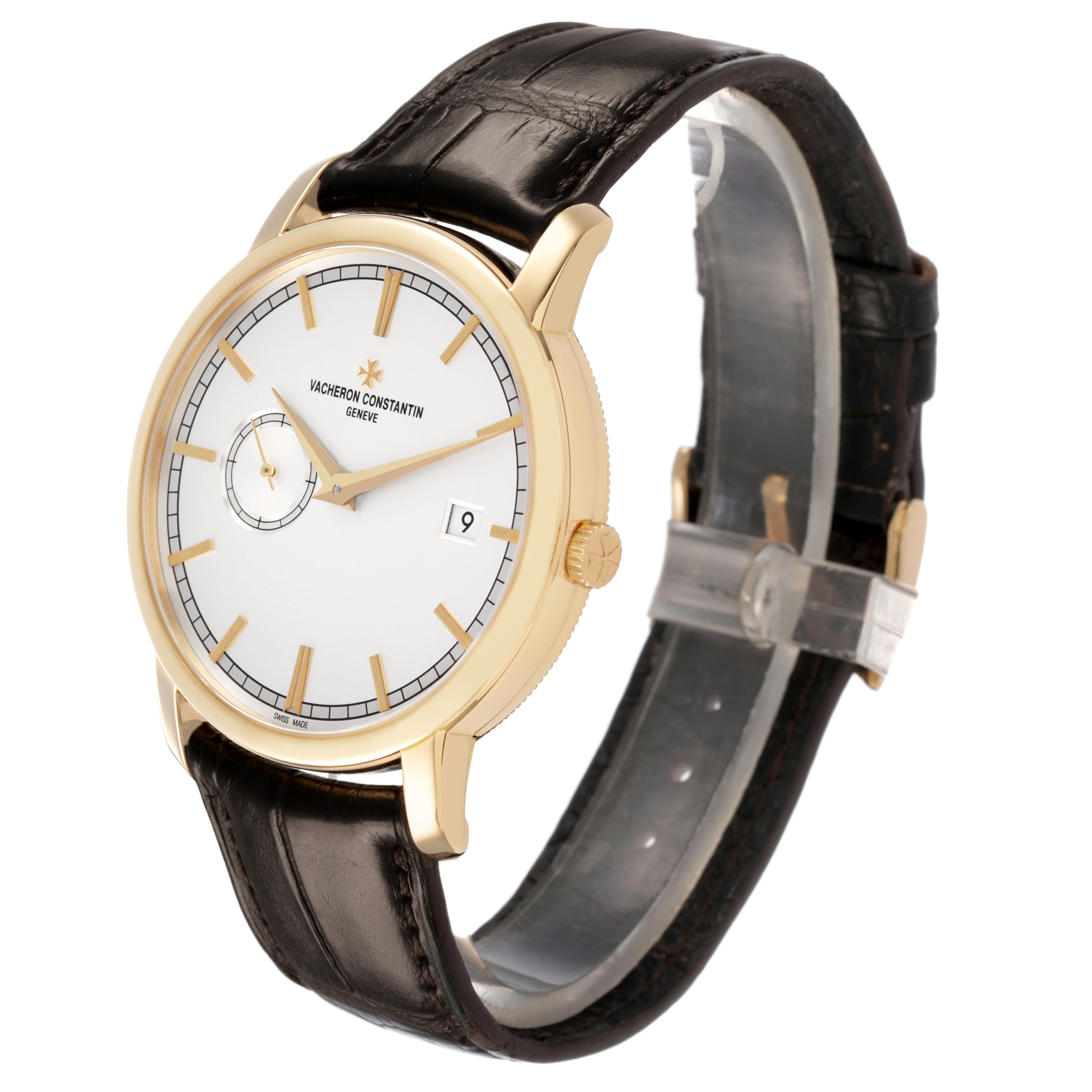 The Vacheron Constantin Traditionnelle 87172/000J-9512 Men's Yellow Gold Silver Dial watch is shown at a three-quarter angle, highlighting the gold case, white dial, and brown leather strap.