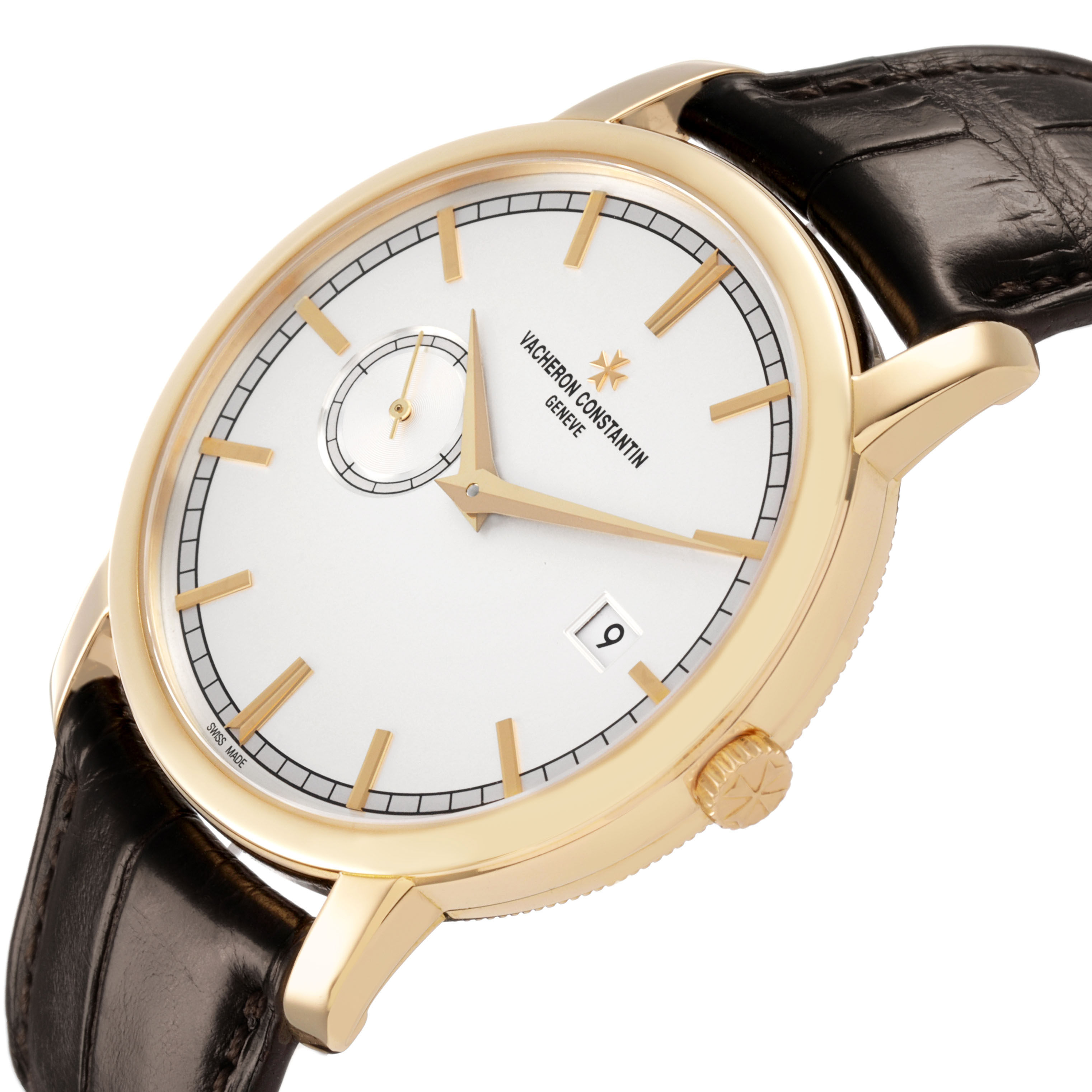 The Vacheron Constantin Traditionnelle 87172/000J-9512 Men's Yellow Gold Silver Dial watch is shown at a slight angle, highlighting the face, crown, and strap attachment.