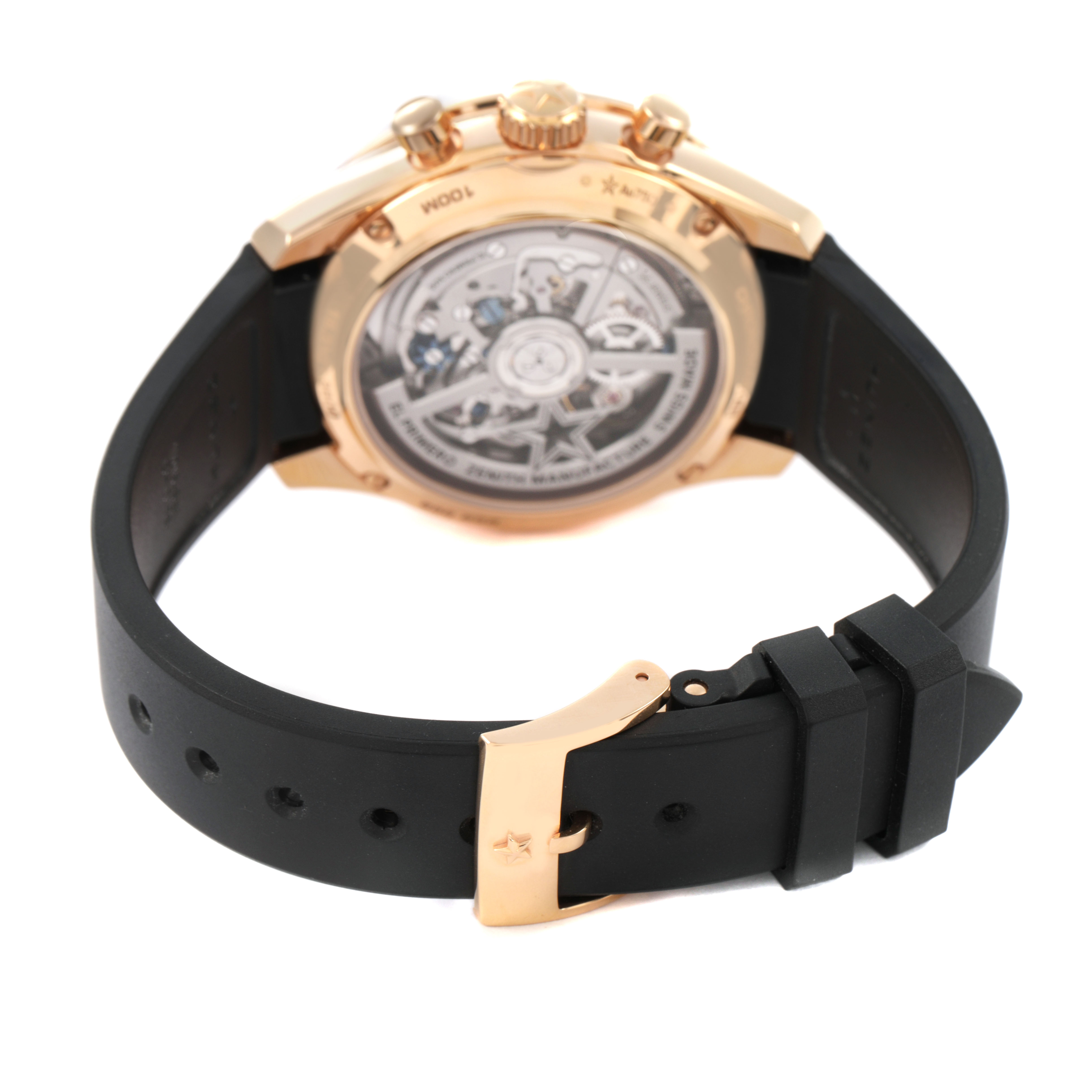 The image shows the back view of a Zenith Chronomaster 18.3101.3600/21.R951 Men's Rose Gold Black Dial watch, displaying its transparent case back and black strap with a gold buckle.
