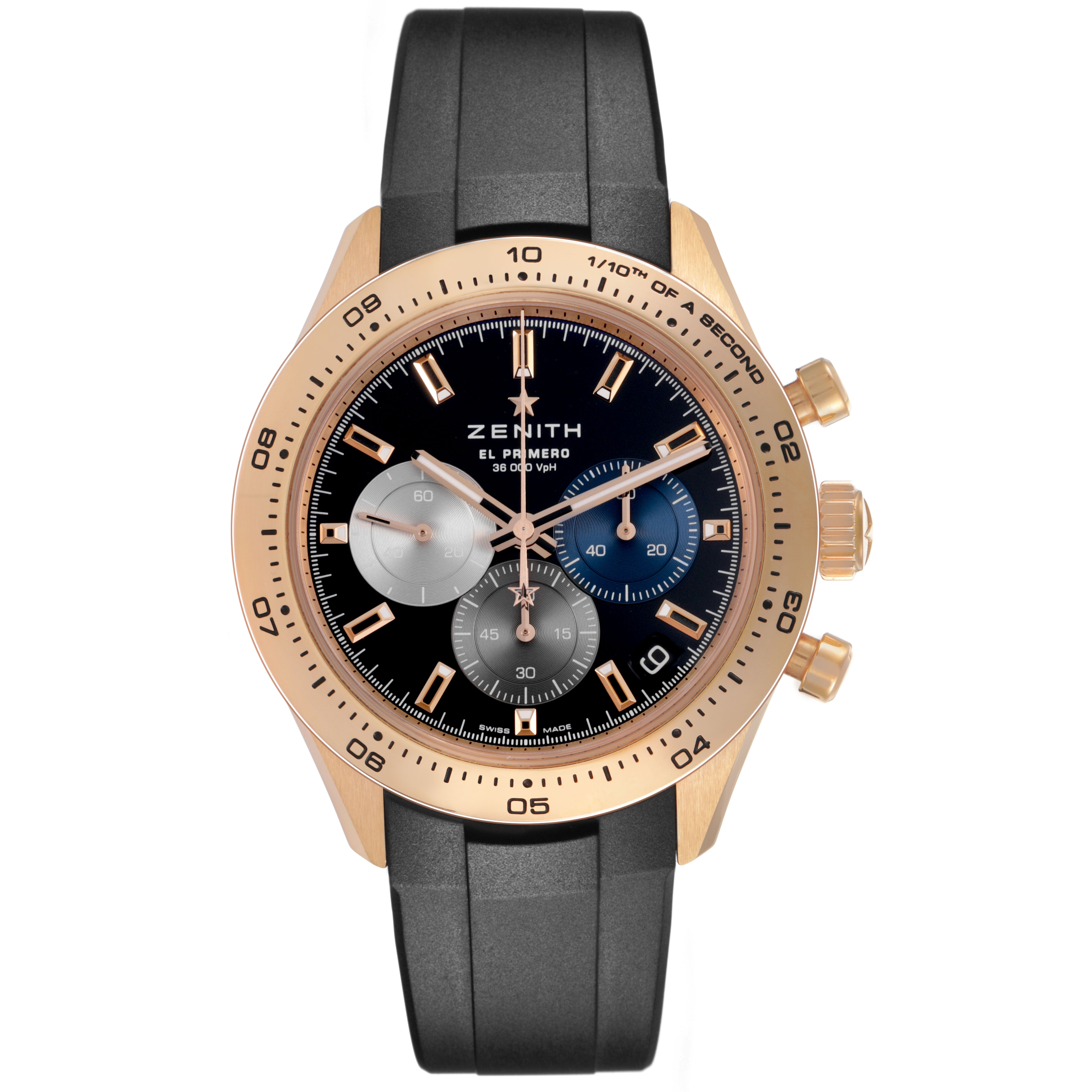 The Zenith Chronomaster 18.3101.3600/21.R951 Men's Rose Gold Black Dial watch is shown front-facing, highlighting its dial, subdials, bezel, and crown.