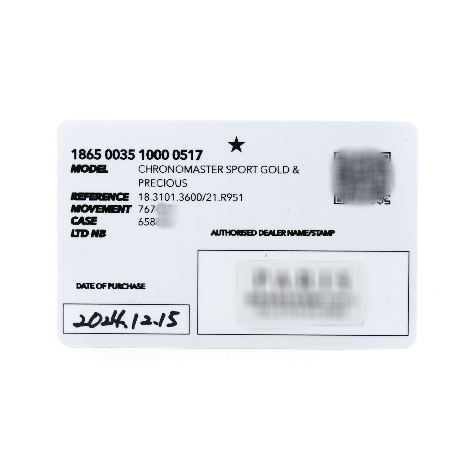 The image shows a warranty or authentication card for the Zenith Chronomaster 18.3101.3600/21.R951 Men's Rose Gold Black Dial model, not the watch itself.