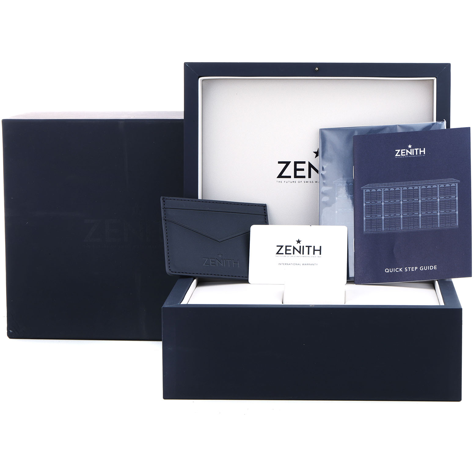 The Zenith Chronomaster 18.3101.3600/21.R951 Men's Rose Gold Black Dial packaging shows an opened box, warranty card, cardholder, manual, and quick step guide.