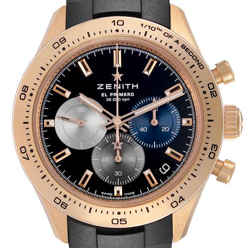 The Zenith Chronomaster 18.3101.3600/21.R951 Men's Rose Gold Black Dial watch is shown from a front angle, highlighting the dial, chronograph subdials, and gold-tone bezel.