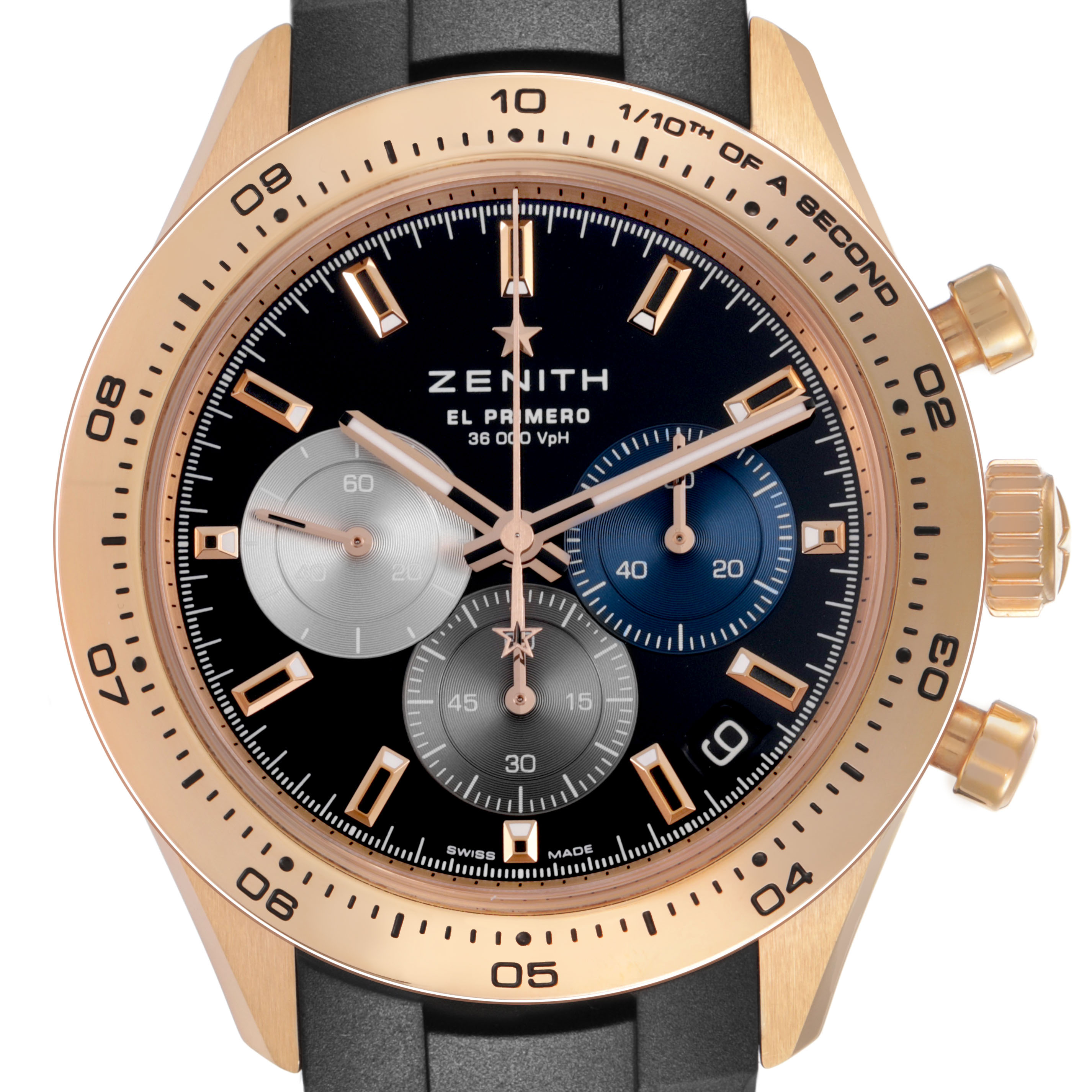 The Zenith Chronomaster 18.3101.3600/21.R951 Men's Rose Gold Black Dial watch is shown from a front angle, highlighting the dial, subdials, bezel, and crown.