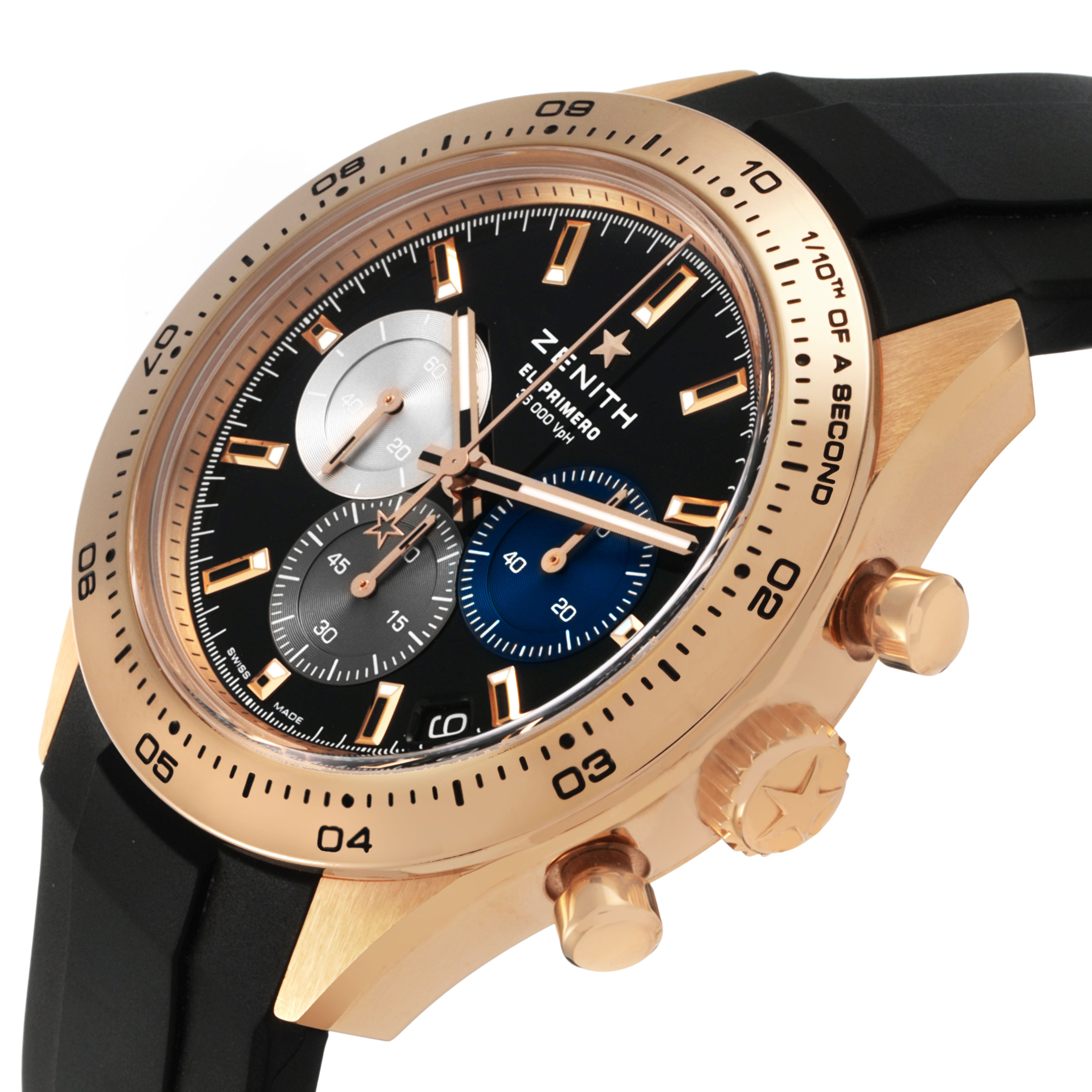 The Zenith Chronomaster 18.3101.3600/21.R951 Men's Rose Gold Black Dial watch is shown at an oblique angle, displaying the dial, case, bezel, and pushers.