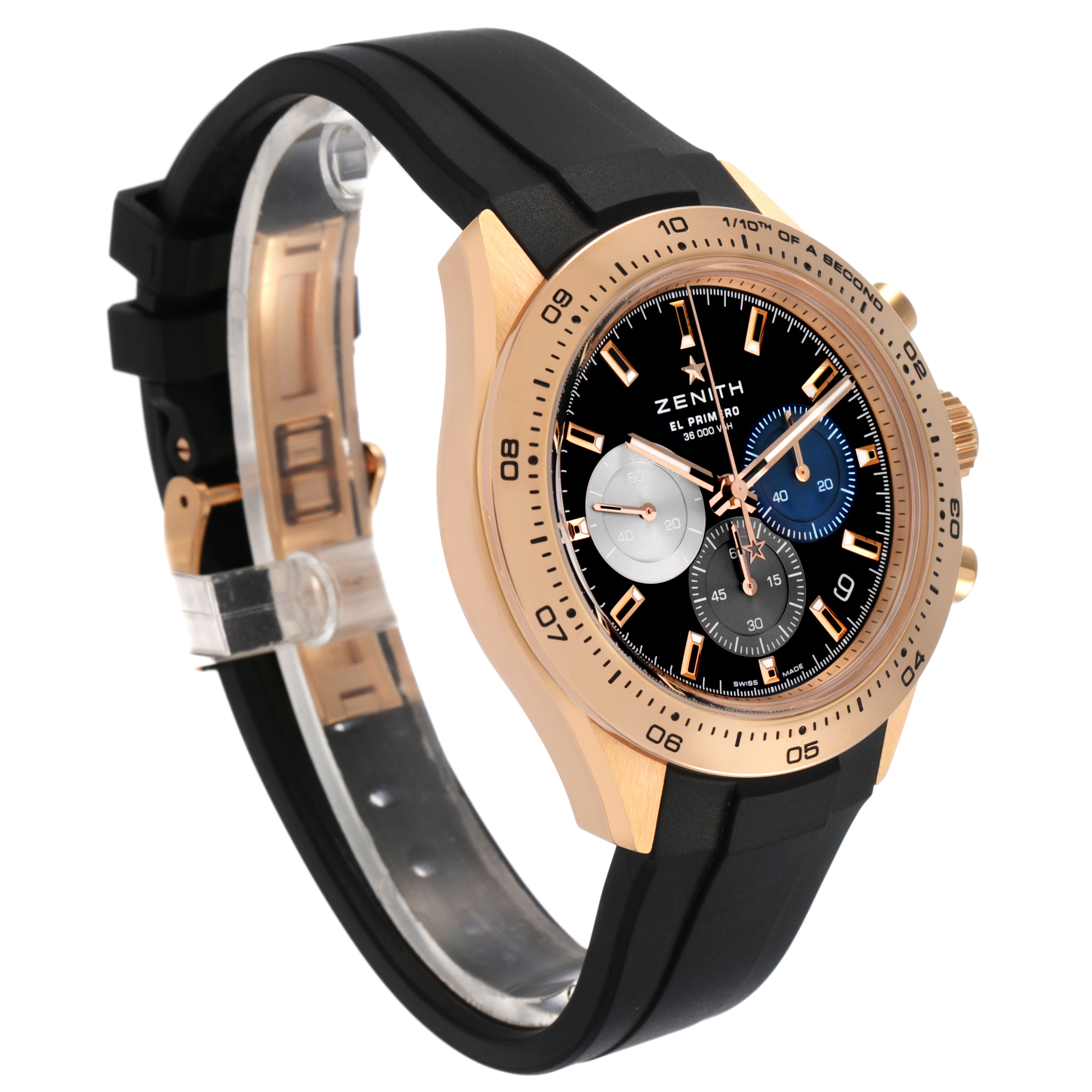 The Zenith Chronomaster 18.3101.3600/21.R951 Men's Rose Gold Black Dial watch is shown at an angle displaying the face, bezel, and side with pushers and a black strap.