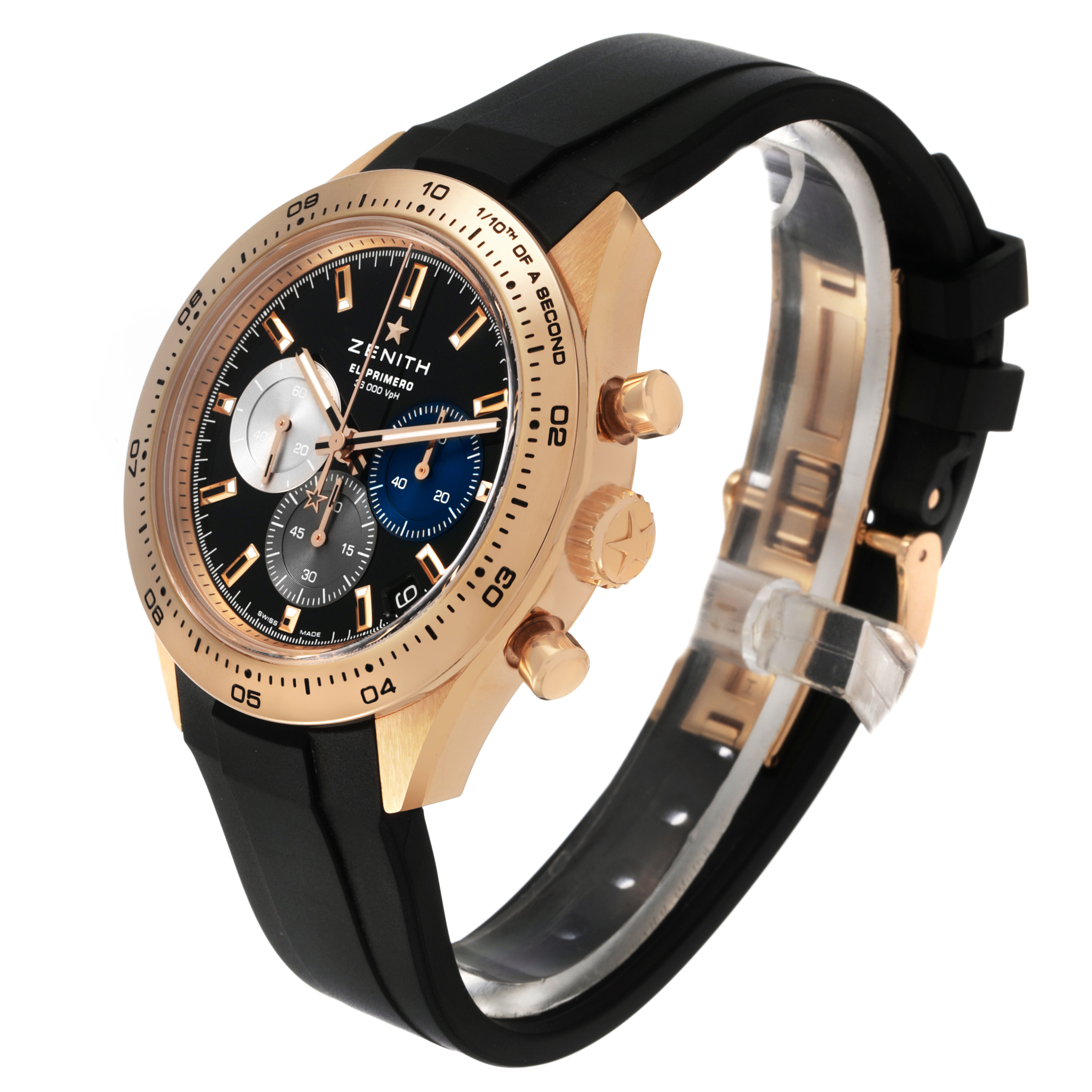 The Zenith Chronomaster 18.3101.3600/21.R951 Men's Rose Gold Black Dial watch is shown at a three-quarter angle, highlighting the gold case, bezel, black strap, and chronograph sub-dials.