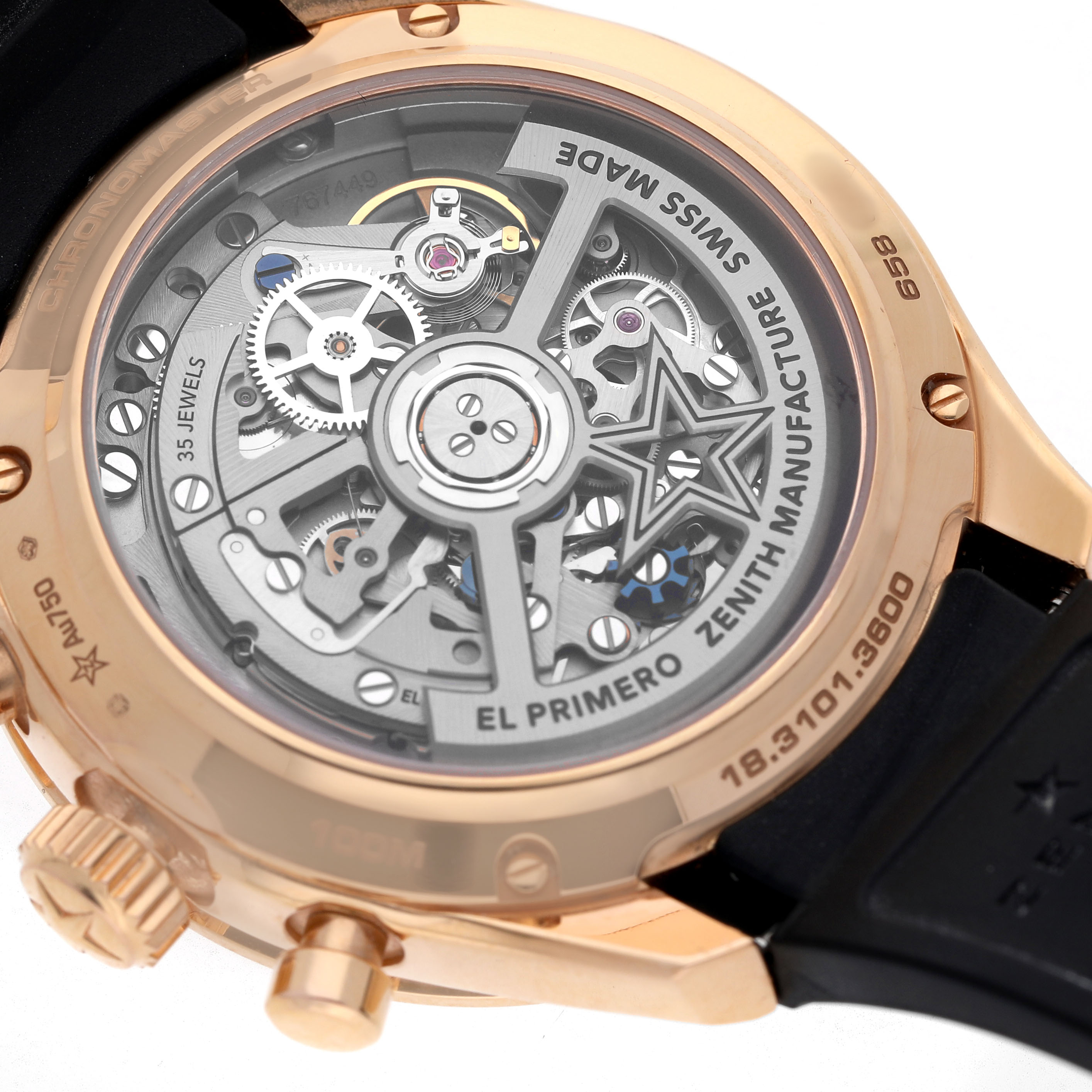 The image shows the back view of a Zenith Chronomaster 18.3101.3600/21.R951 Men's Rose Gold Black Dial, highlighting its open case back and visible movement components.