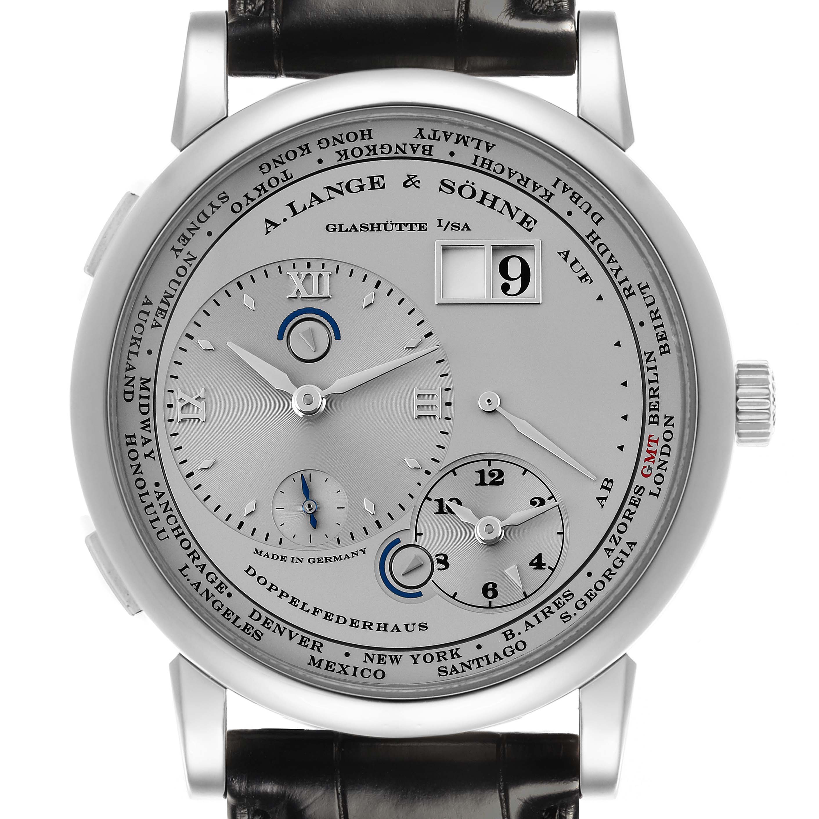 The image shows a front view of the A. Lange 
Sohne Lange 1 116.025 Men
s Platinum Silver Dial watch, highlighting its dial features and complications.