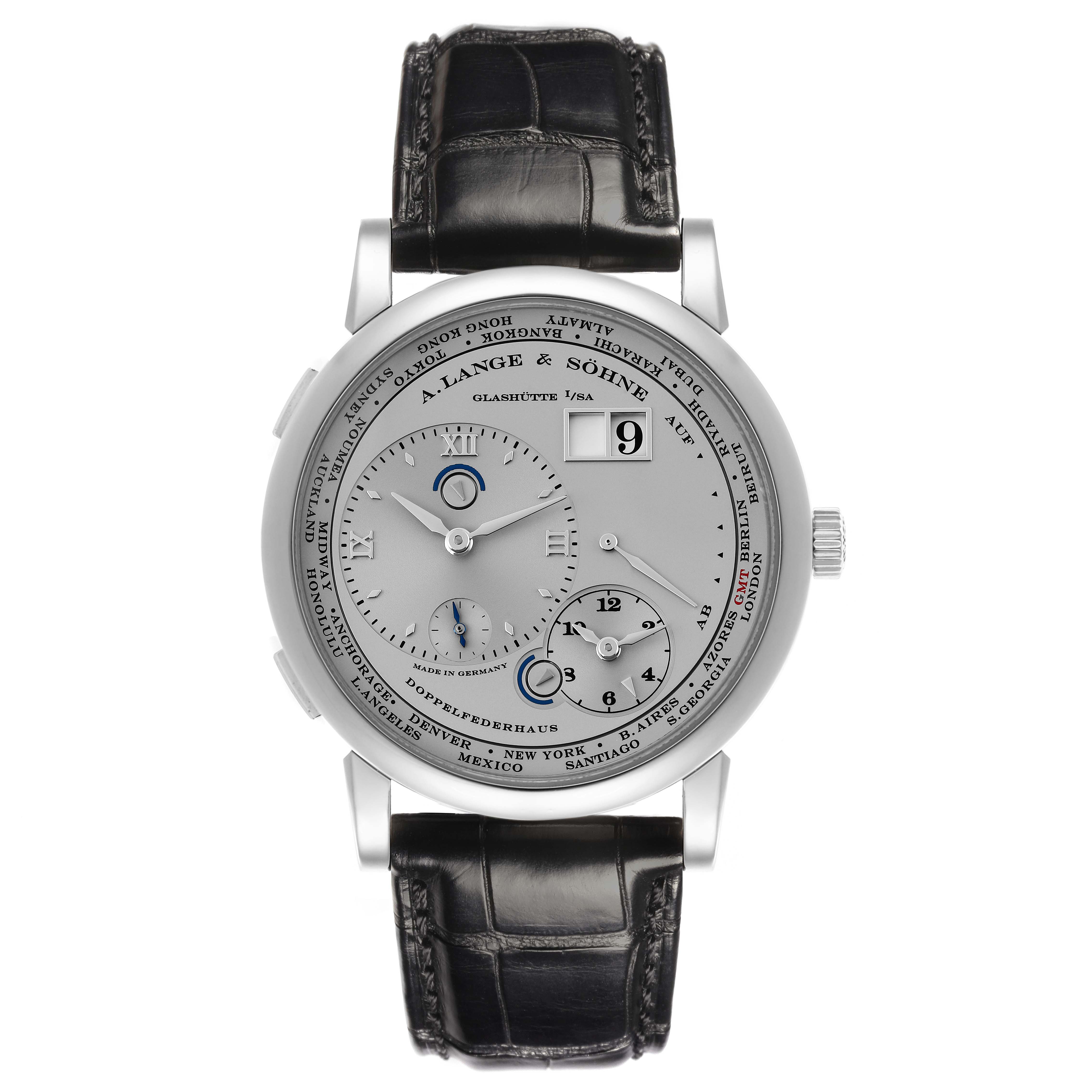 The image shows a front view of the A. Lange 
Sohne Lange 1 116.025 Men
s Platinum Silver Dial watch, displaying its dial, hour markers, and leather strap.