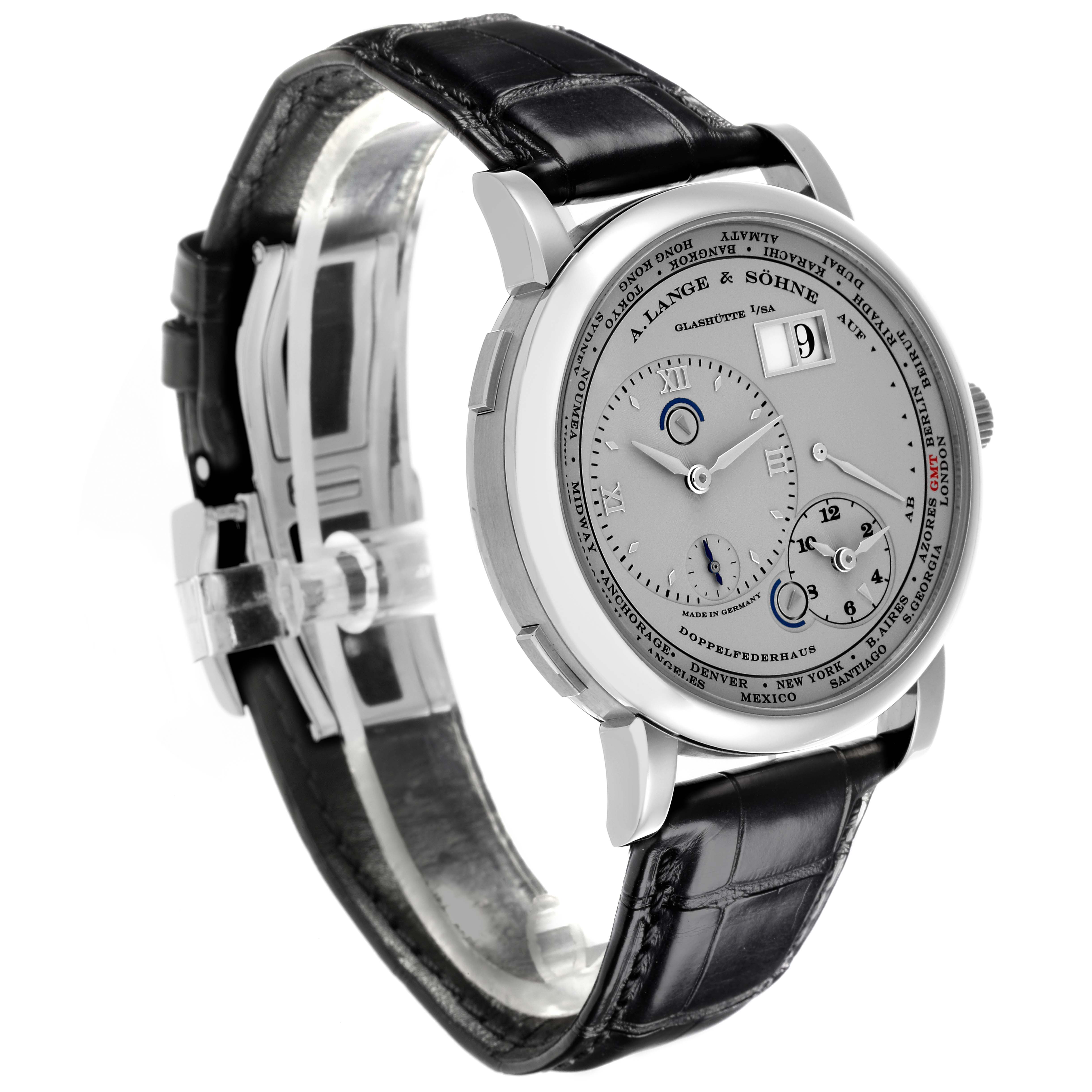 The A. Lange 
Sohne Lange 1 116.025 Men
s Platinum Silver Dial watch is shown at a three-quarter angle, displaying the face, case, crown, and leather strap.