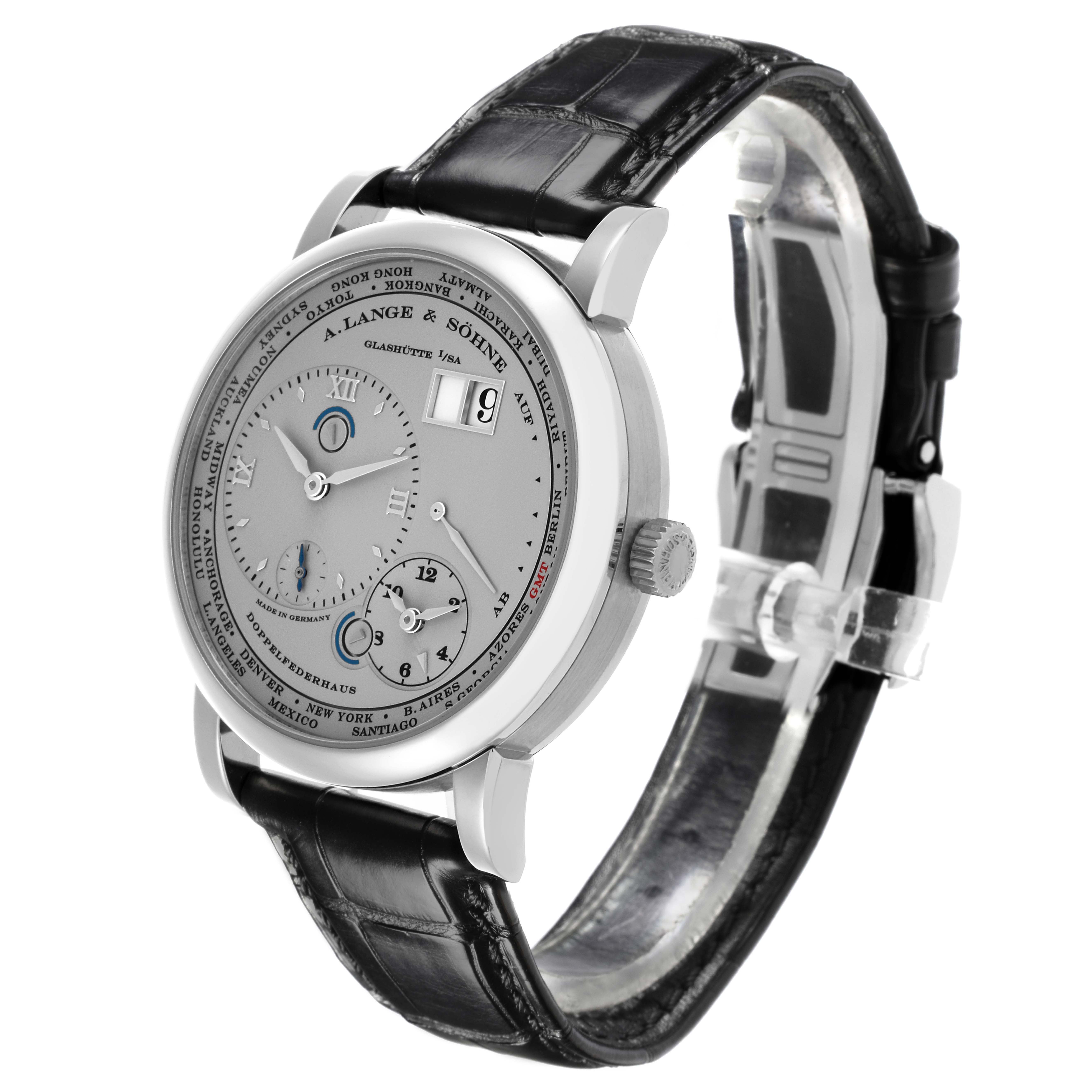 The A. Lange 
Sohne Lange 1 116.025 Men
s Platinum Silver Dial watch is shown at a three-quarter angle, highlighting the dial, case, and leather strap.