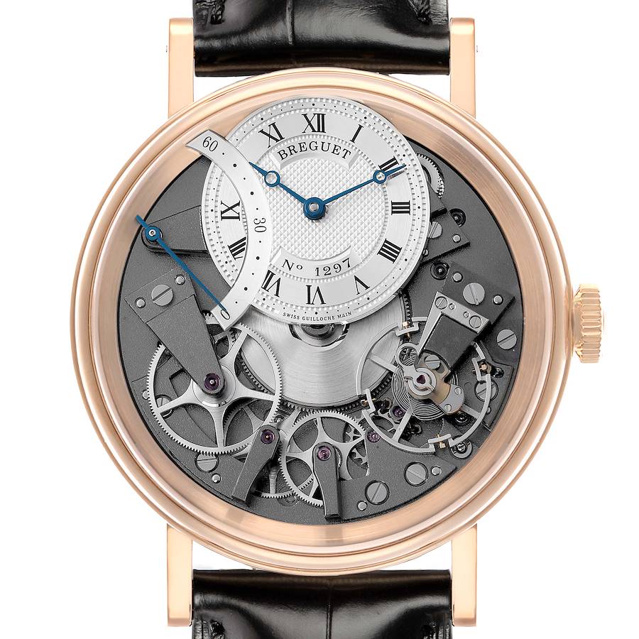 The Breguet Tradition 7097BR/G1/9WU Men's Rose Gold Transparent Dial model is shown from the front, highlighting its intricate open-worked dial and inner mechanics.