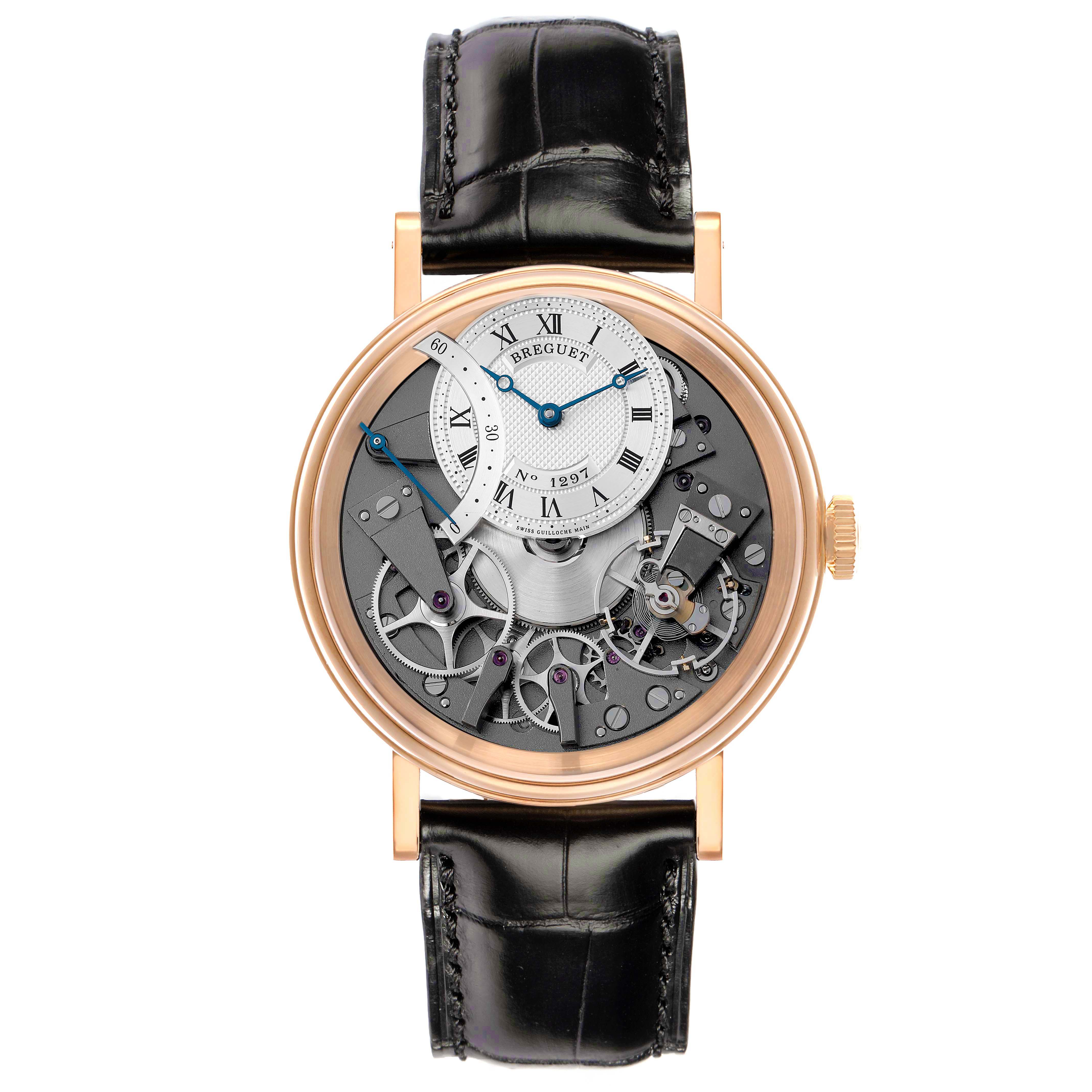 The Breguet Tradition 7097BR/G1/9WU Men
s Rose Gold Transparent Dial watch is shown from the front, highlighting its openwork dial and intricate mechanical parts.