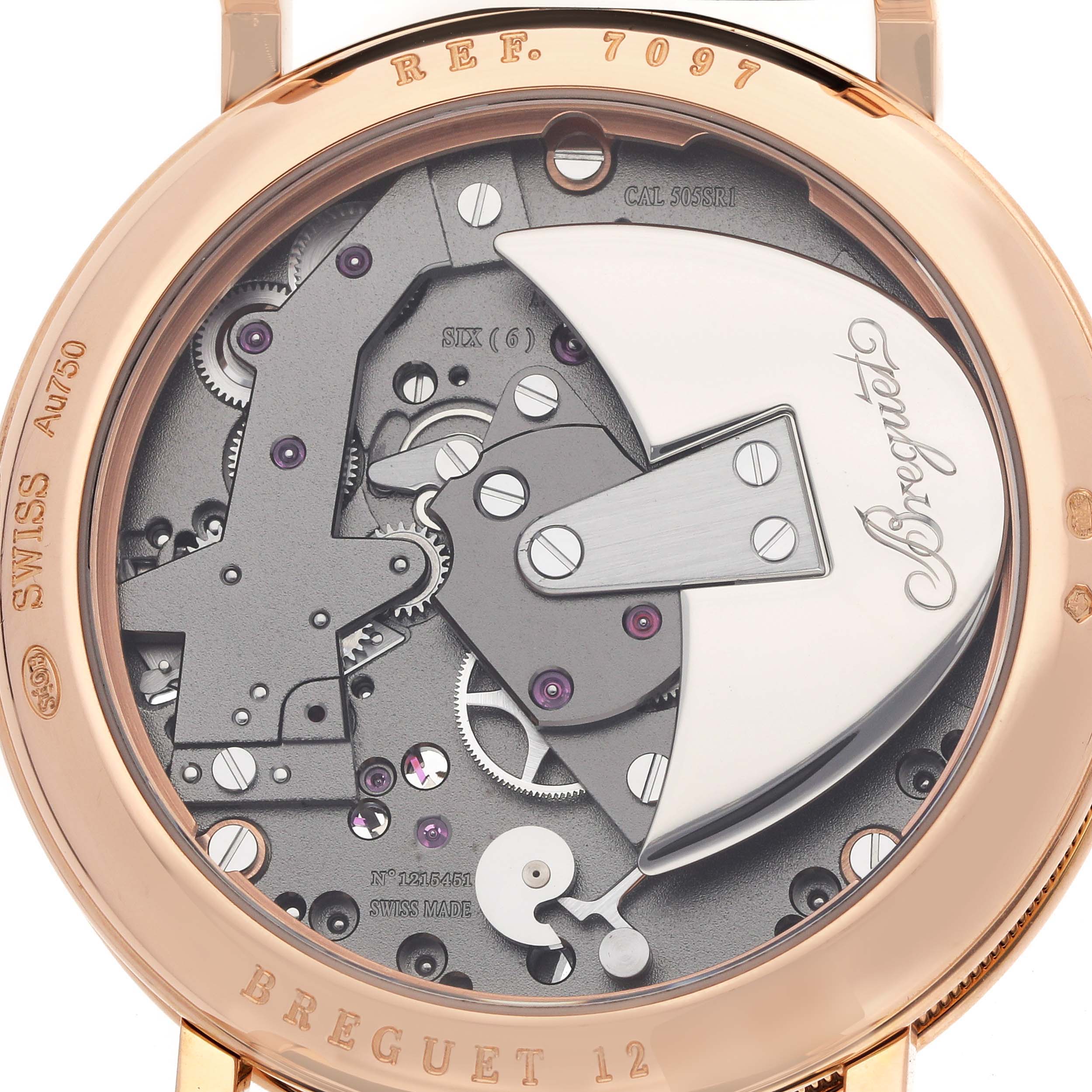 The image shows a close-up of the back of a Breguet Tradition 7097BR/G1/9WU Men
s Rose Gold Transparent Dial watch, highlighting its mechanical movement and rotor.