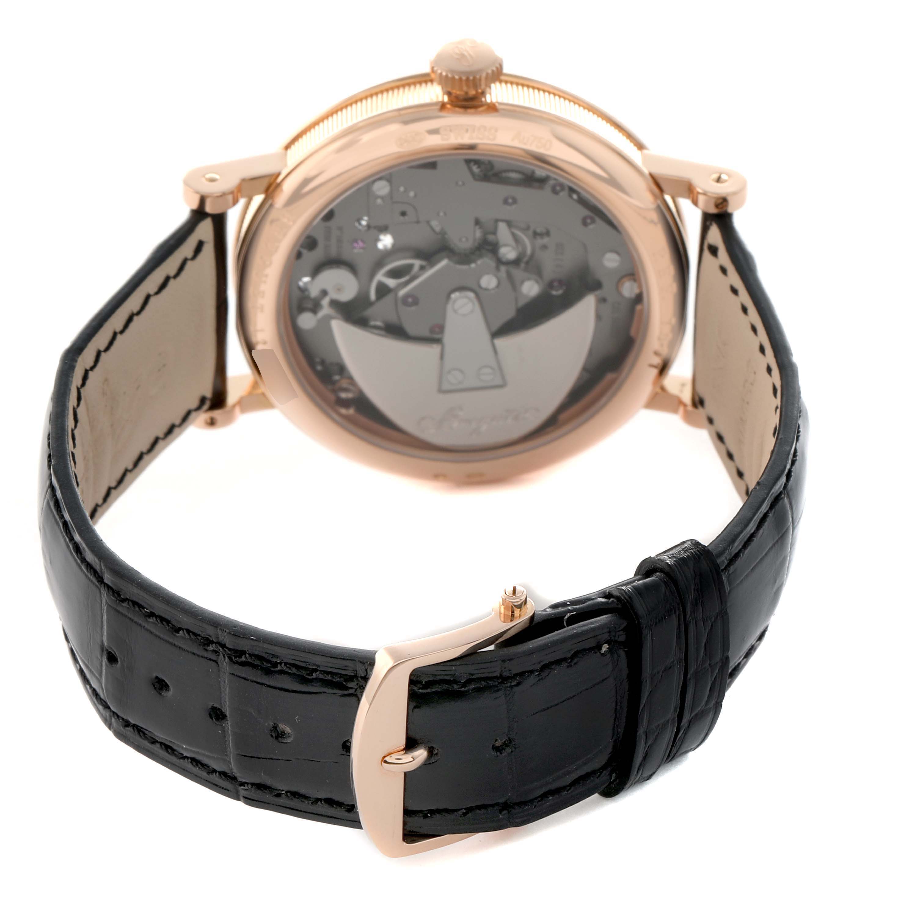 The image shows a rear angle of the Breguet Tradition 7097BR/G1/9WU Men
s Rose Gold Transparent Dial watch, highlighting its case back and black leather strap.