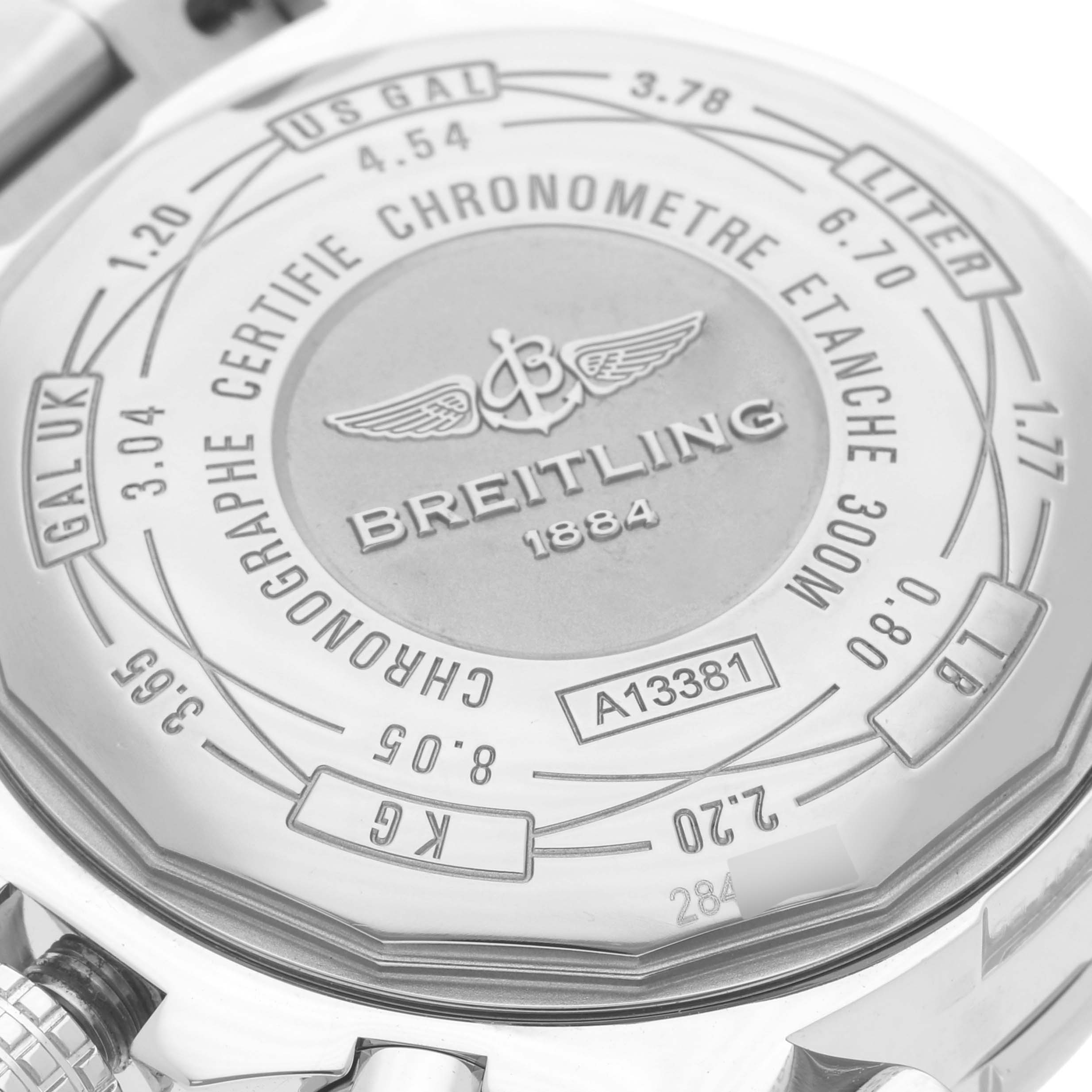 The image shows the back of a Breitling Avenger A1338111/A868 Men's Stainless Steel Mother of Pearl Dial A1338111/A868 Men's Stainless Steel Mother of Pearl Dial watch, highlighting the engravings and case details.