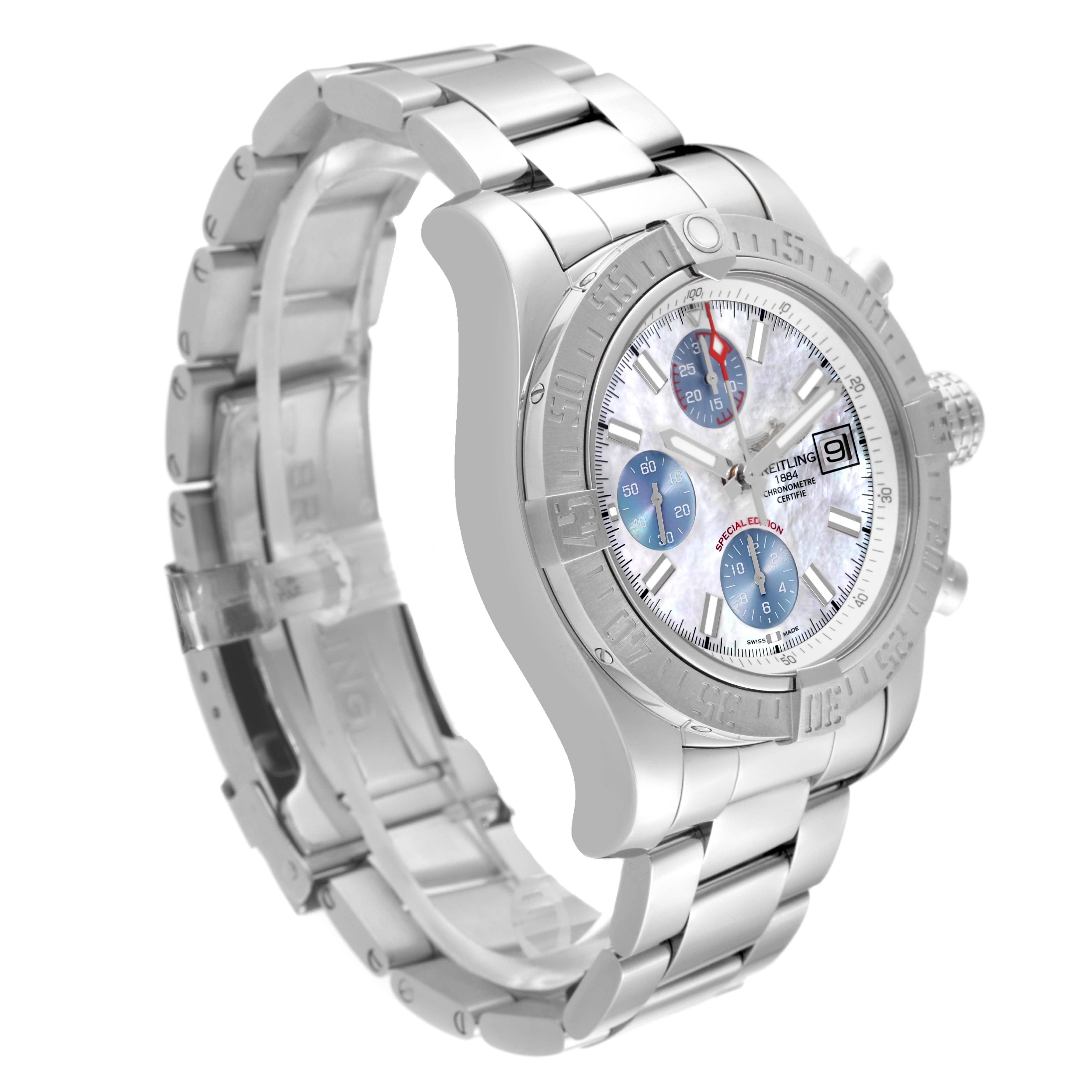 The Breitling Avenger A1338111/A868 Men's Stainless Steel Mother of Pearl Dial A1338111/A868 Men's Stainless Steel Mother of Pearl Dial watch is shown from a side angle, highlighting its face, bezel, and metal bracelet.
