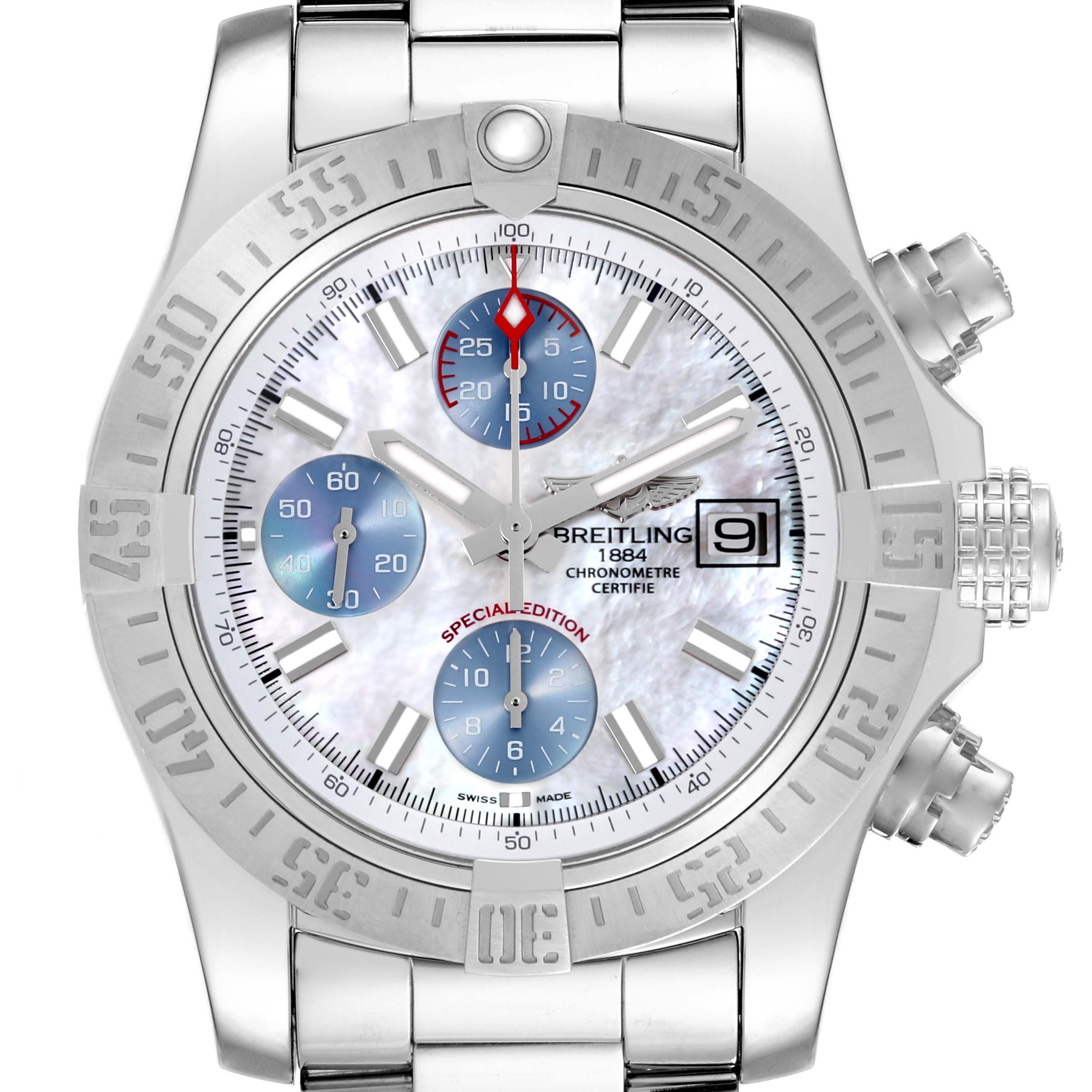 The Breitling Avenger A1338111/A868 Men's Stainless Steel Mother of Pearl Dial A1338111/A868 Men's Stainless Steel Mother of Pearl Dial watch is shown from a front angle, displaying the face, bezel, bracelet, and side buttons.