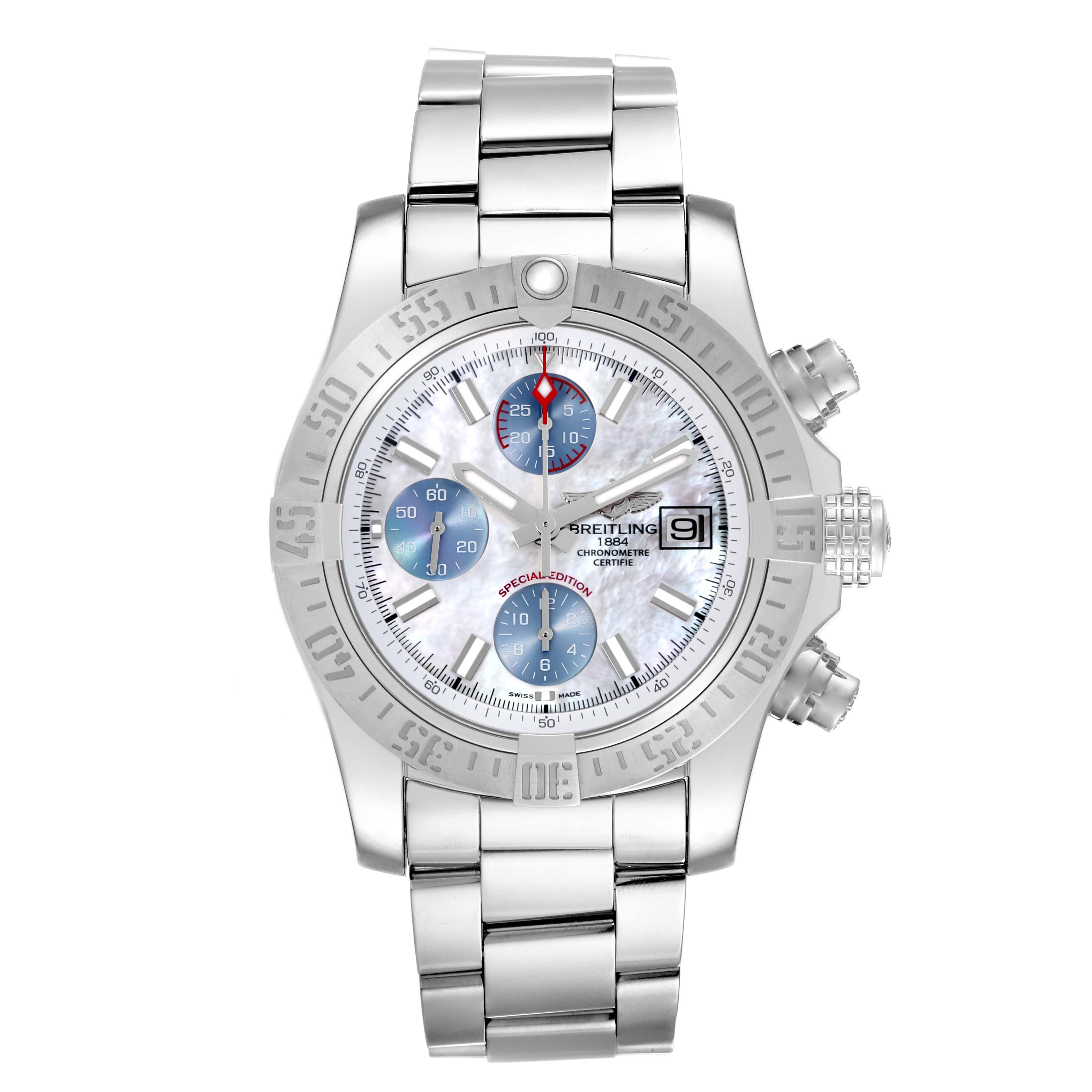 The Breitling Avenger A1338111/A868 Men's Stainless Steel Mother of Pearl Dial A1338111/A868 Men's Stainless Steel Mother of Pearl Dial watch is shown from the front, displaying the face, bezel, and stainless steel bracelet.