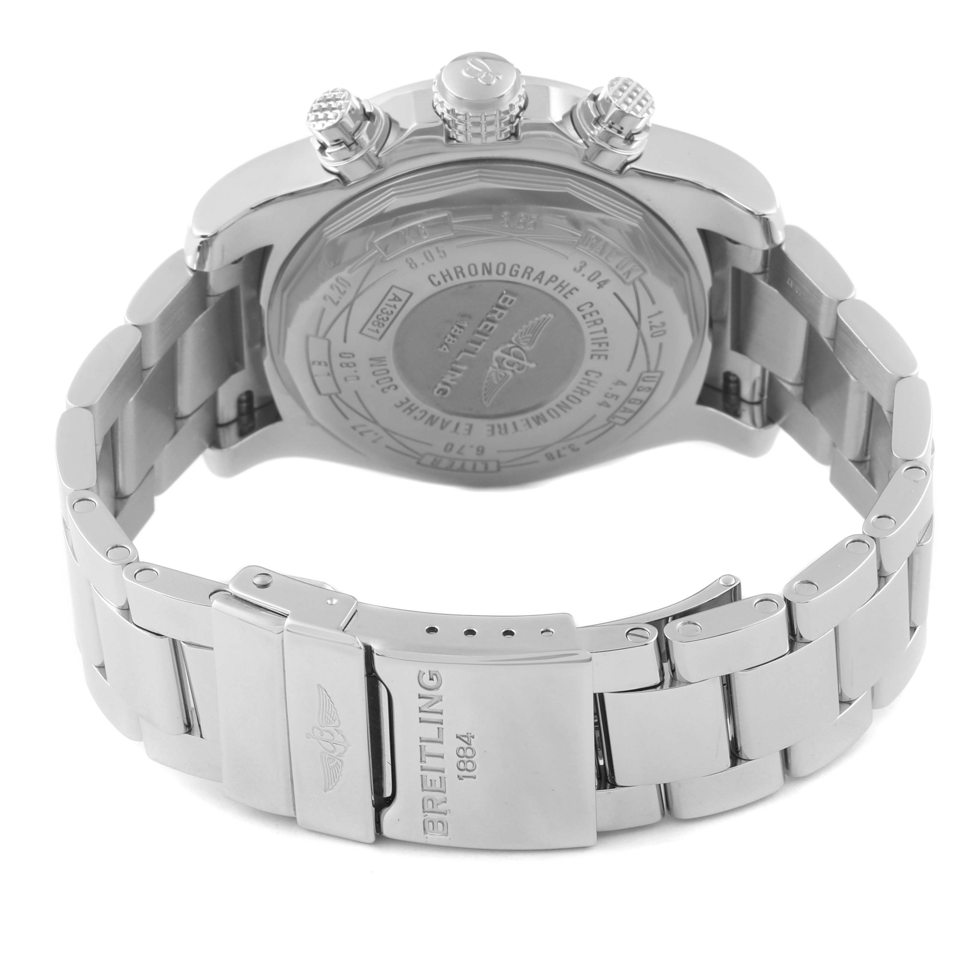 The image shows the back and bracelet of a Breitling Avenger A1338111/A868 Men's Stainless Steel Mother of Pearl Dial A1338111/A868 Men's Stainless Steel Mother of Pearl Dial watch, highlighting the clasp and caseback details.