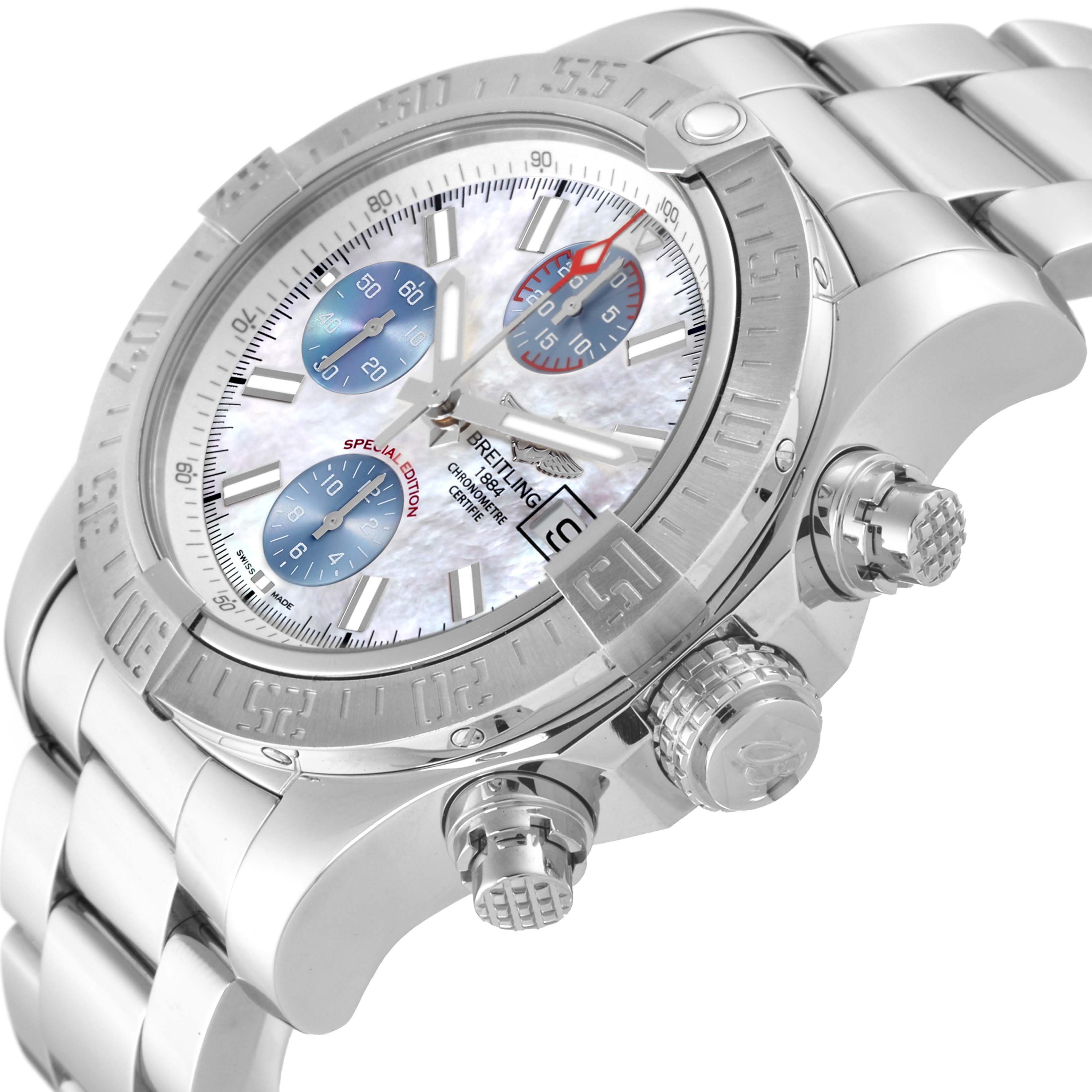 The image shows a side-angle view of the Breitling Avenger A1338111/A868 Men's Stainless Steel Mother of Pearl Dial A1338111/A868 Men's Stainless Steel Mother of Pearl Dial watch, highlighting the bezel, dial, and stainless steel bracelet.
