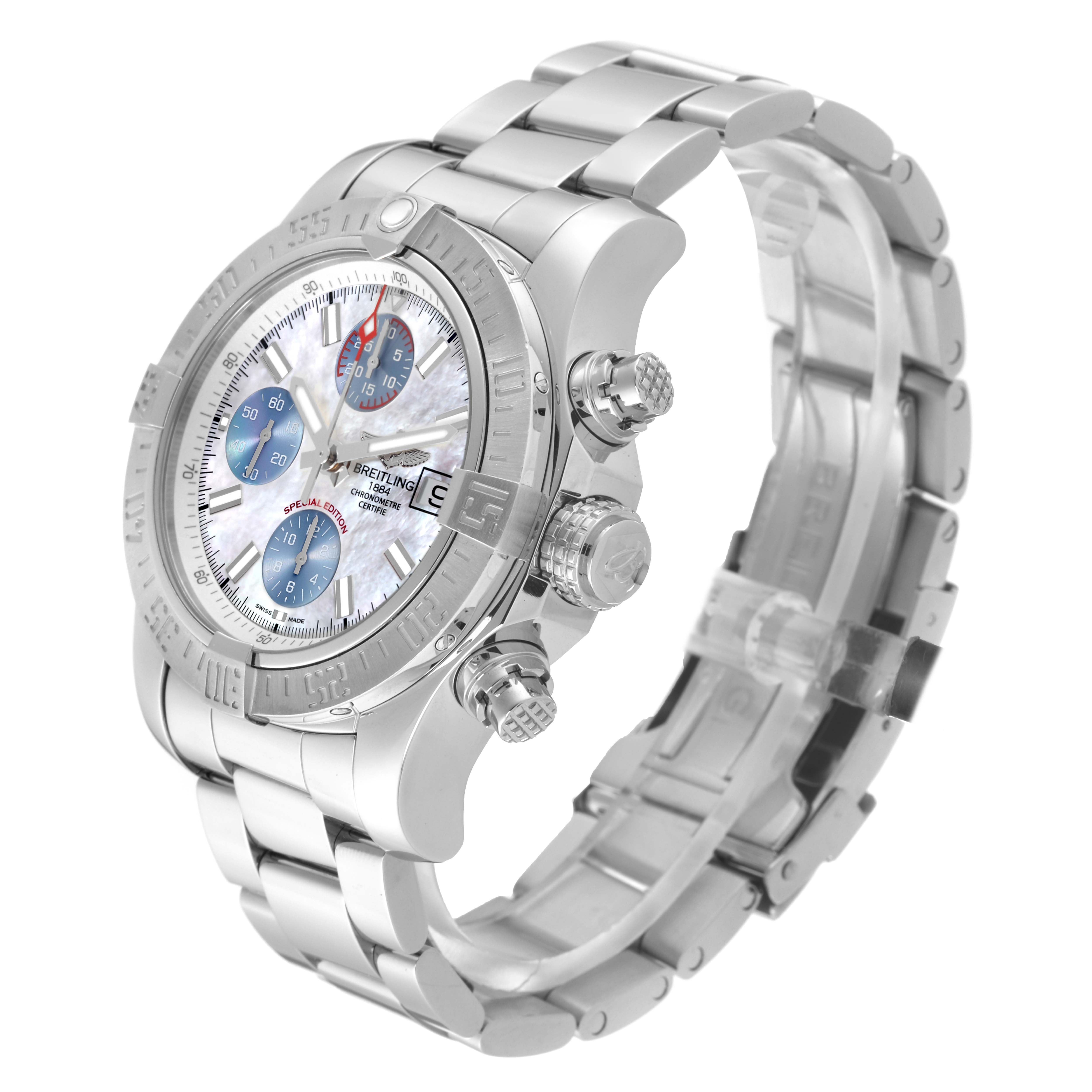 The image shows a side and front view of a Breitling Avenger A1338111/A868 Men's Stainless Steel Mother of Pearl Dial A1338111/A868 Men's Stainless Steel Mother of Pearl Dial watch, highlighting its face, bezel, crown, and bracelet.