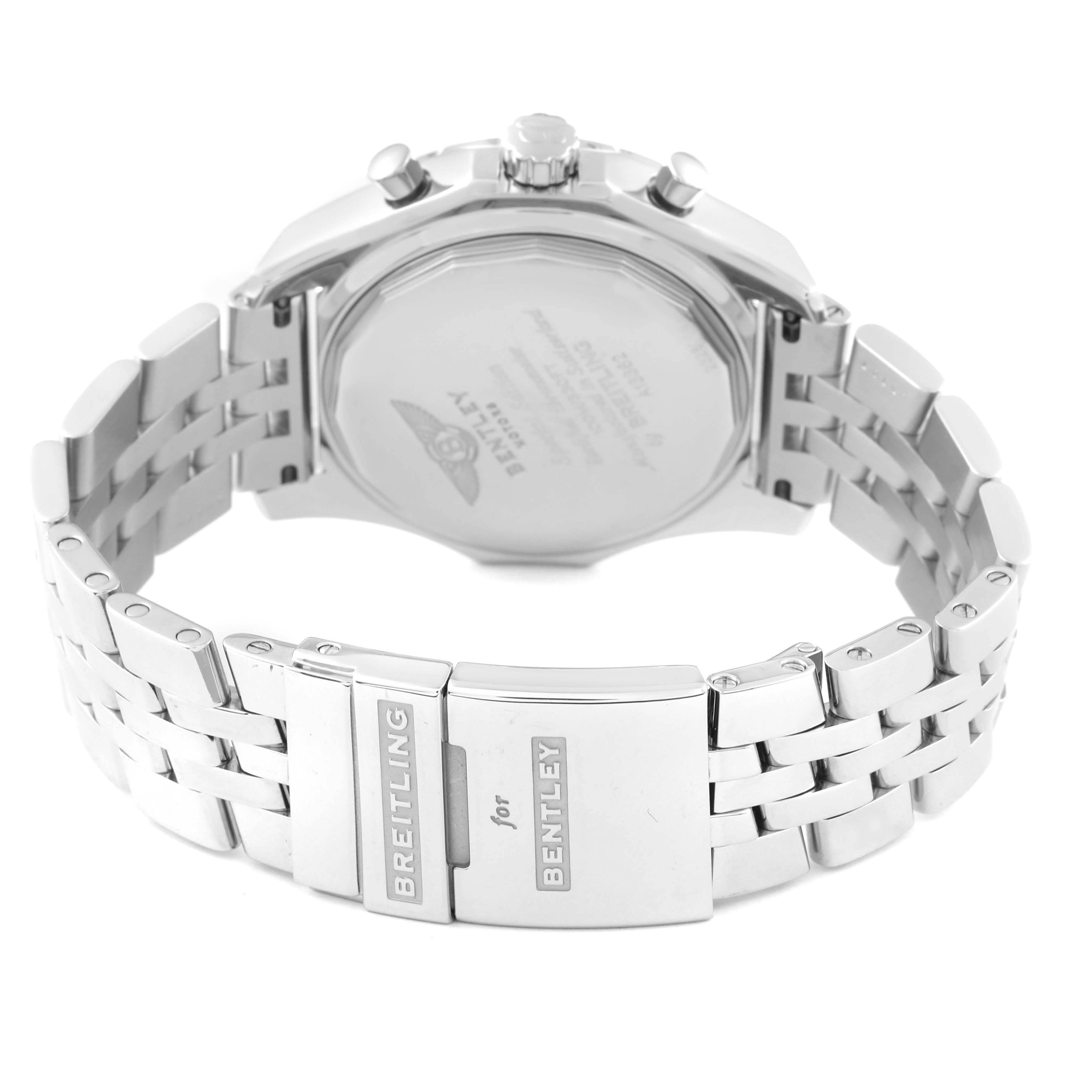 The image shows the back case and clasp of a Breitling Bentley A1336212/B724 Men's Stainless Steel Black Dial A1336212/B724 Men's Stainless Steel Black Dial model watch, showcasing the "Breitling for Bentley" engraving.