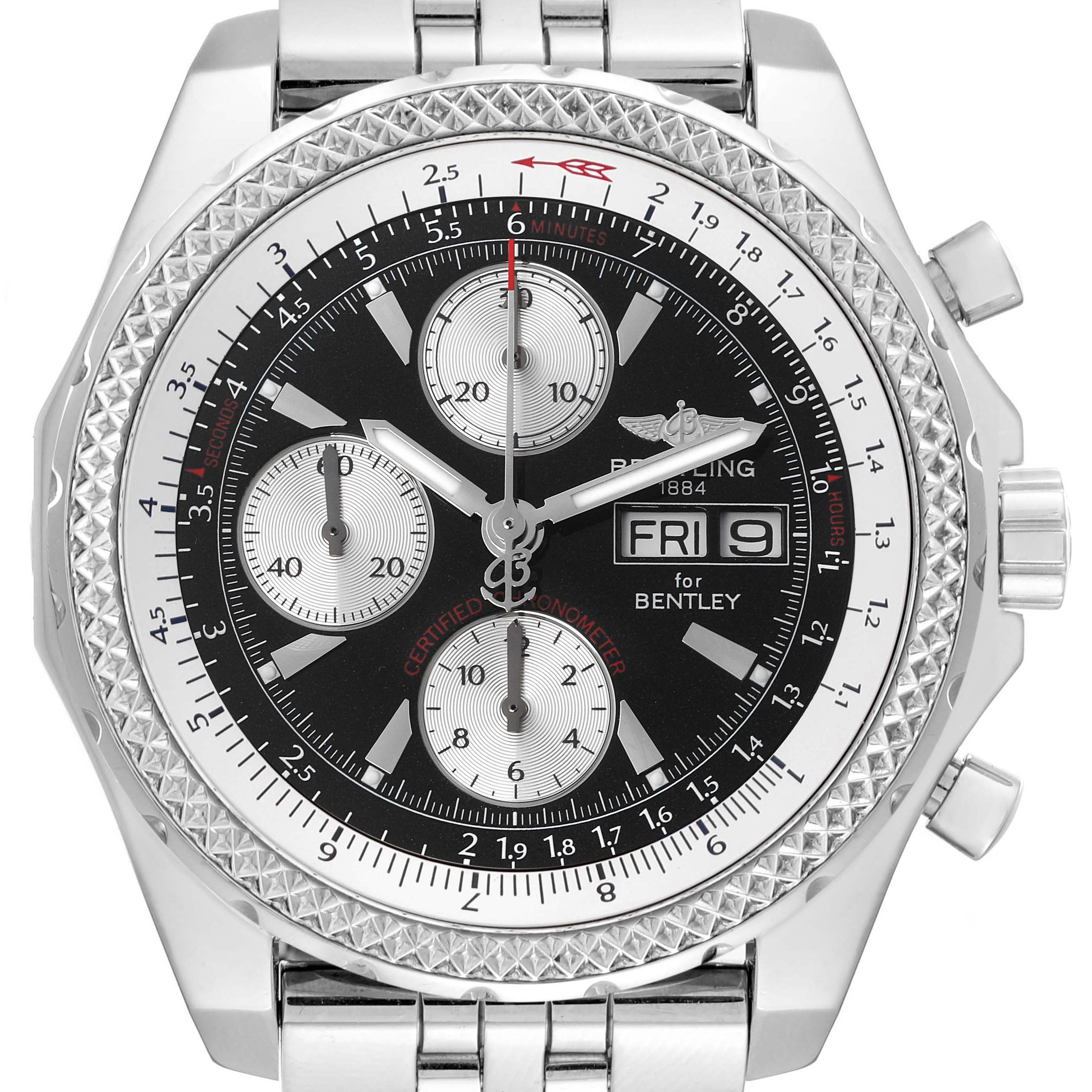 The Breitling Bentley A1336212/B724 Men's Stainless Steel Black Dial A1336212/B724 Men's Stainless Steel Black Dial watch is shown from the front. Visible are the bezel, dial, chronograph subdials, and stainless steel bracelet.