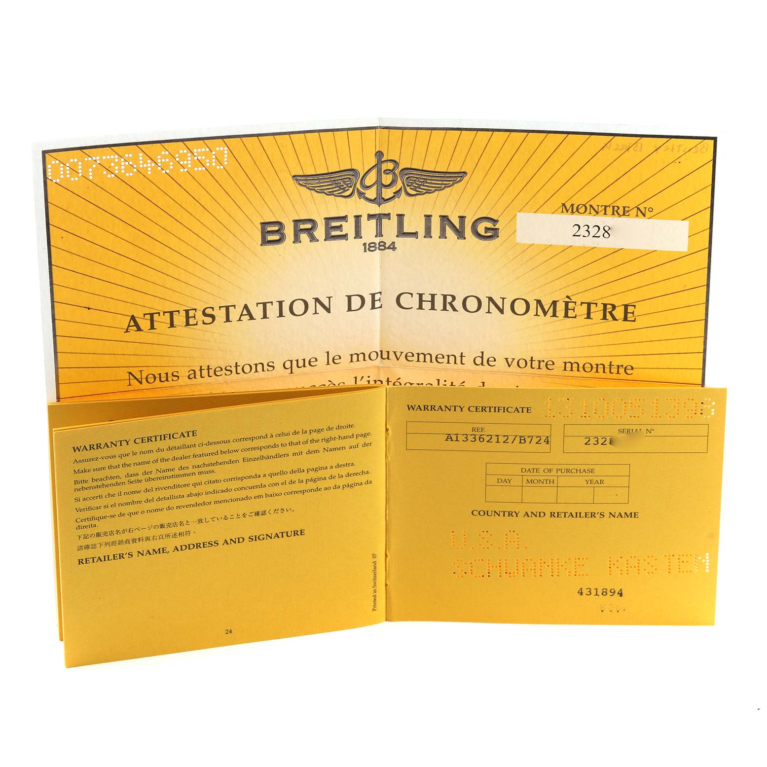 The image shows warranty and chronometer certification documents for a Breitling Bentley A1336212/B724 Men's Stainless Steel Black Dial A1336212/B724 Men's Stainless Steel Black Dial watch model.