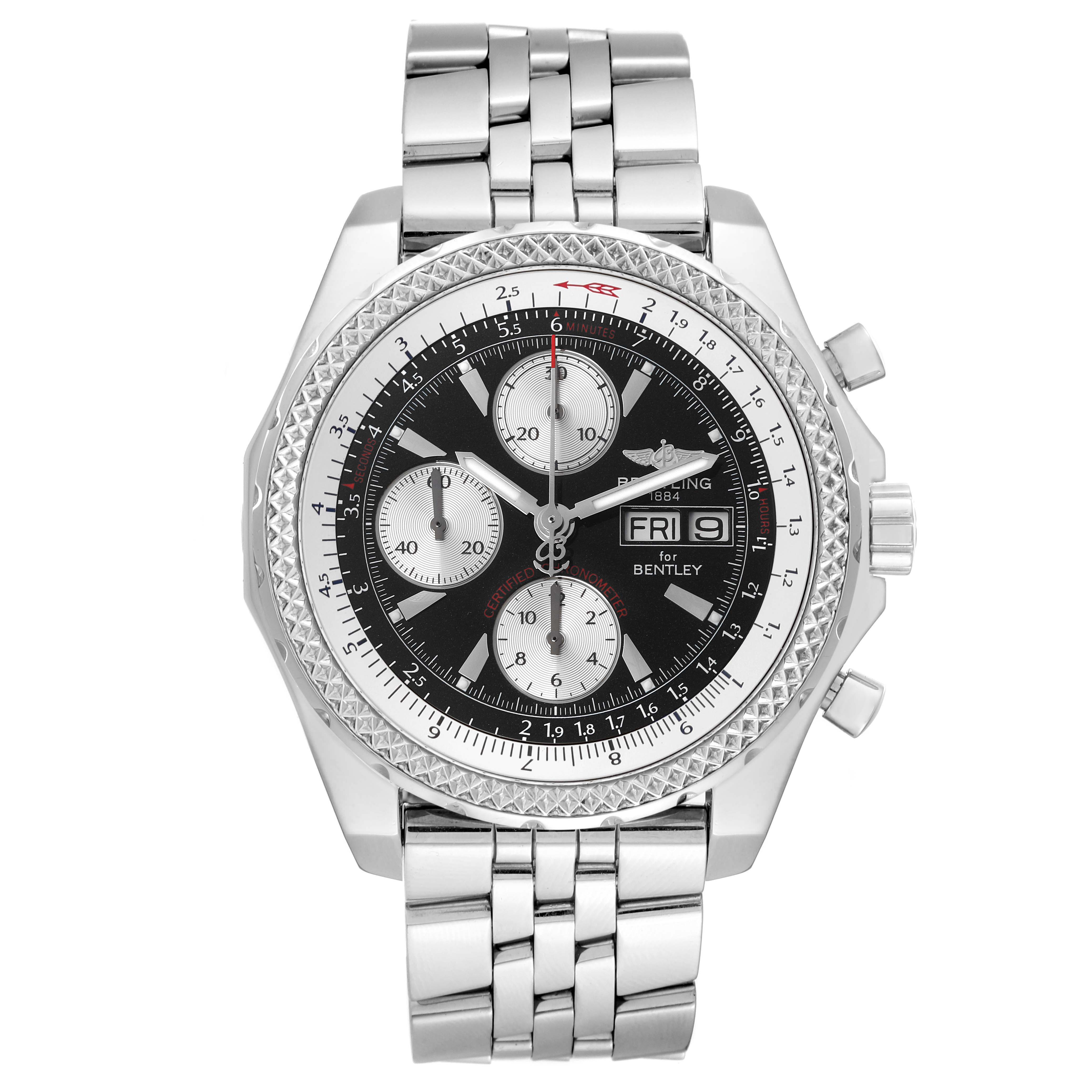 The image shows a front view of the Breitling Bentley A1336212/B724 Men's Stainless Steel Black Dial A1336212/B724 Men's Stainless Steel Black Dial model watch, displaying the dial, chronograph subdials, and metal bracelet.