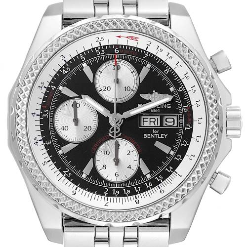 The Breitling Bentley watch is shown from the front, highlighting the face, bezel, and metal bracelet.