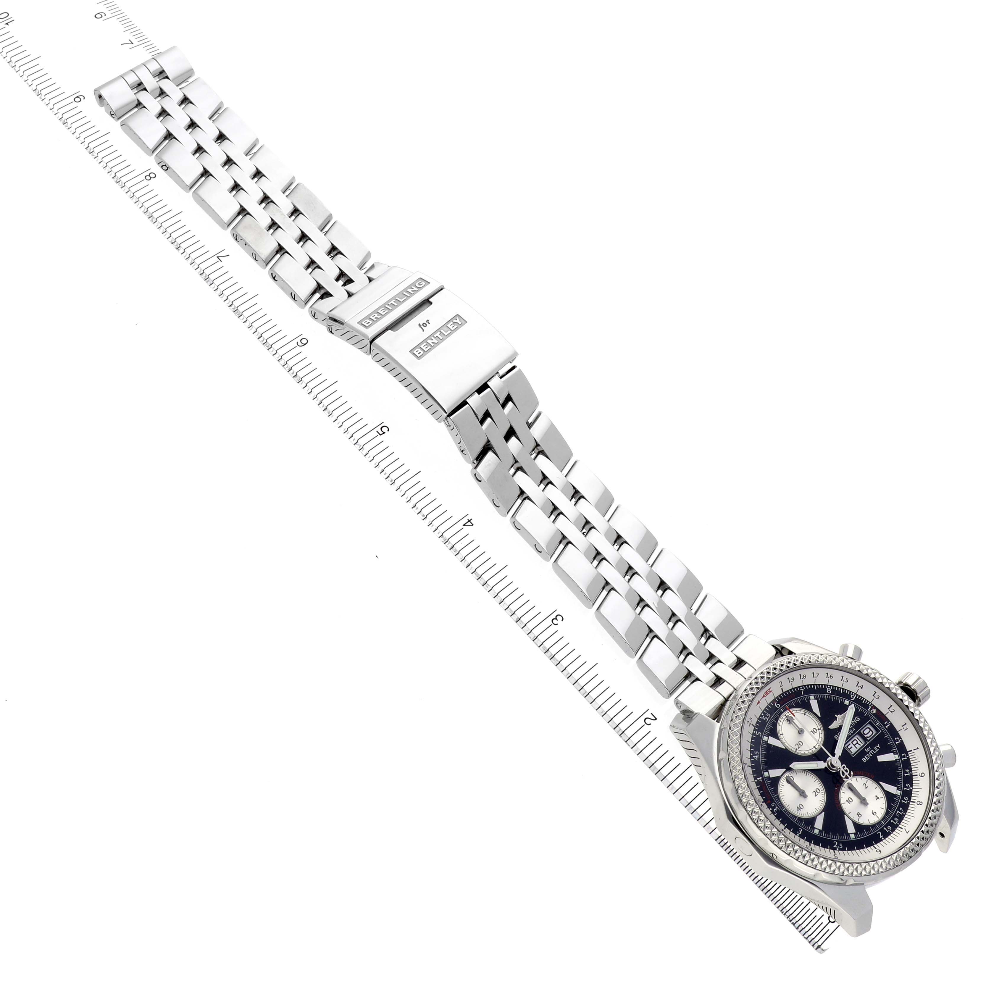 The image shows a top view of the Breitling Bentley A1336212/B724 Men's Stainless Steel Black Dial A1336212/B724 Men's Stainless Steel Black Dial watch, highlighting its face, bezel, and metal bracelet.