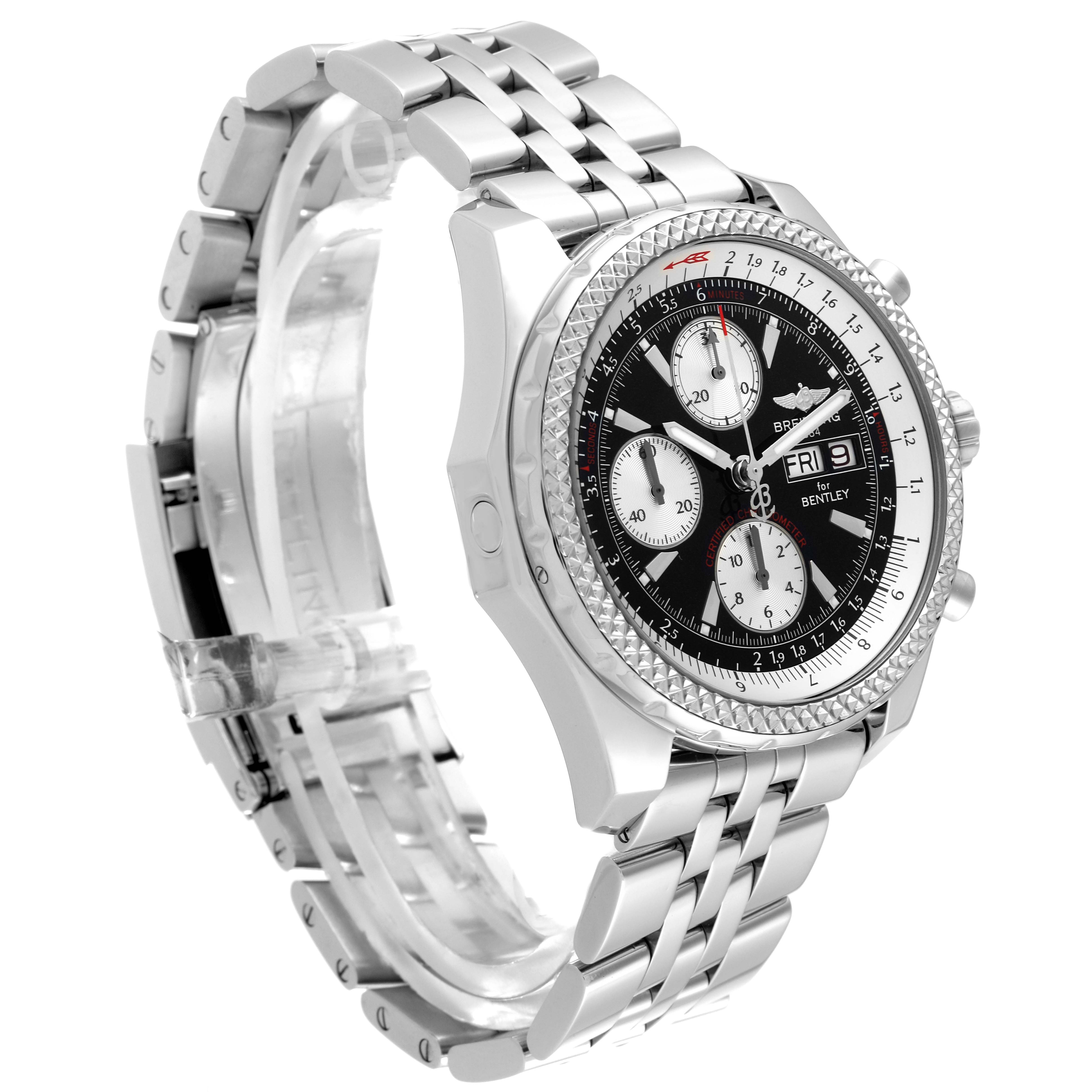 The Breitling Bentley A1336212/B724 Men's Stainless Steel Black Dial A1336212/B724 Men's Stainless Steel Black Dial watch is shown at a three-quarter angle, displaying its face, dial, and metal bracelet.