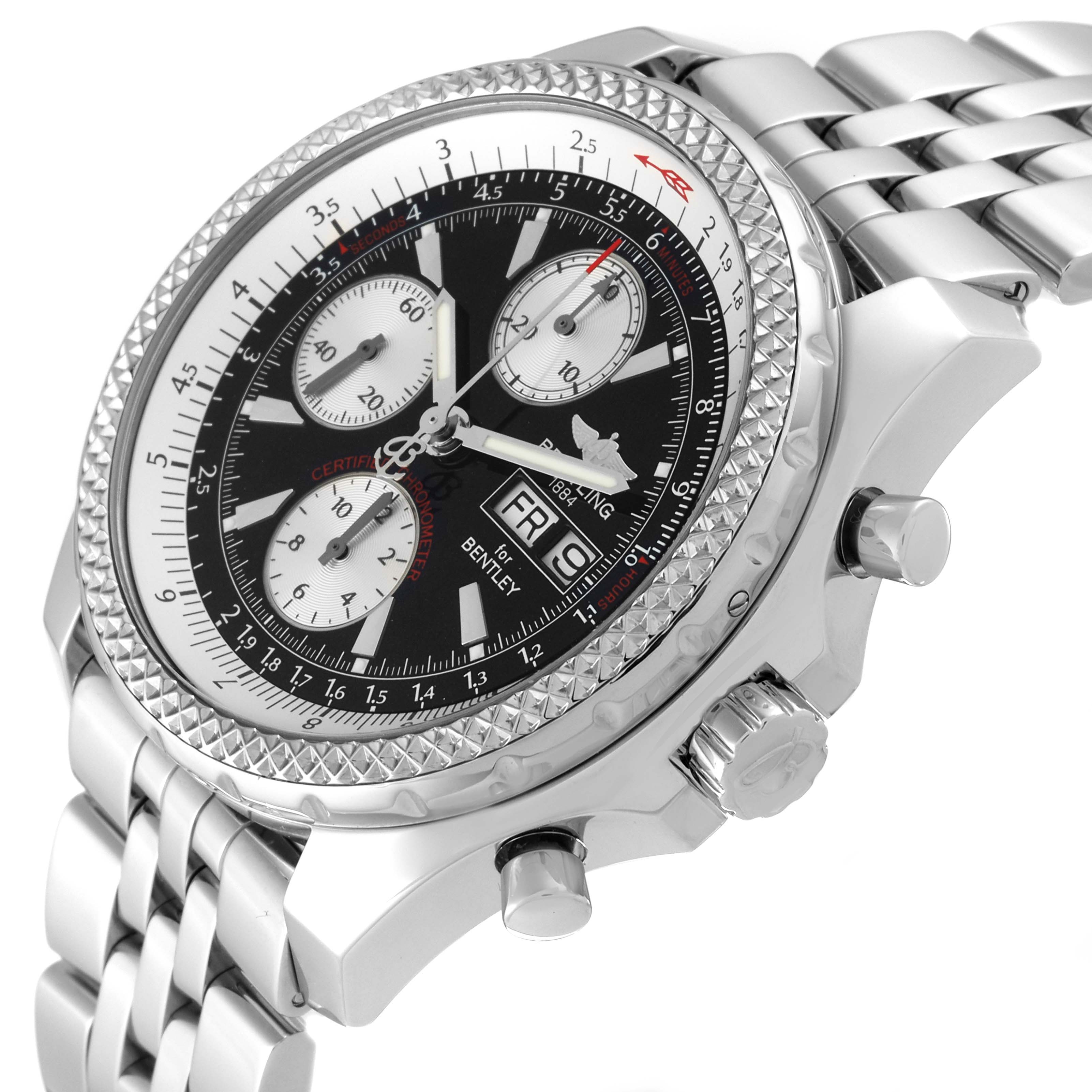 The image shows a Breitling Bentley A1336212/B724 Men's Stainless Steel Black Dial A1336212/B724 Men's Stainless Steel Black Dial watch at an angled side view, highlighting its dial, bezel, crown, and pushers.