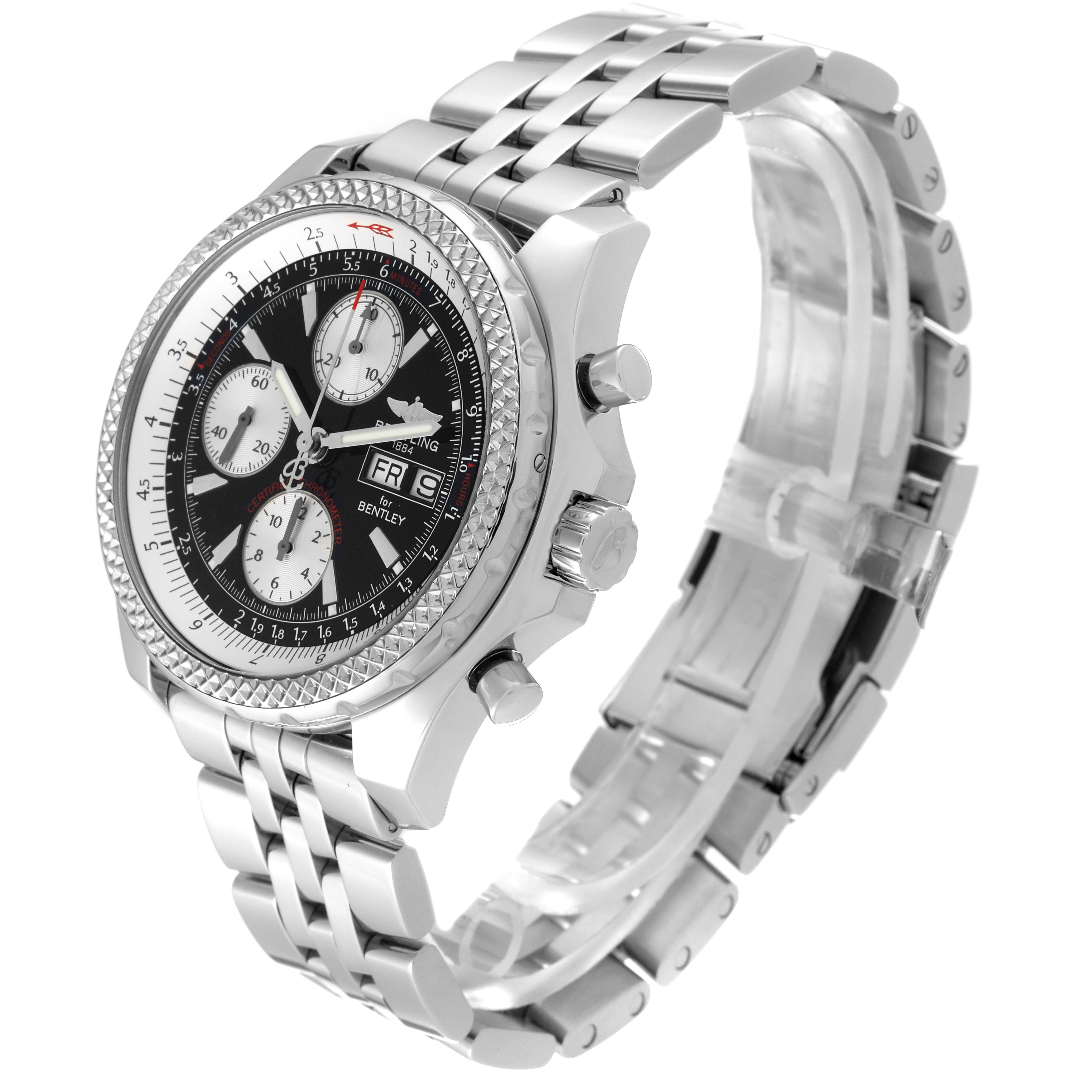 The image shows a side angle of the Breitling Bentley A1336212/B724 Men's Stainless Steel Black Dial A1336212/B724 Men's Stainless Steel Black Dial watch, highlighting the bezel, crown, pushers, dial, and metal bracelet.