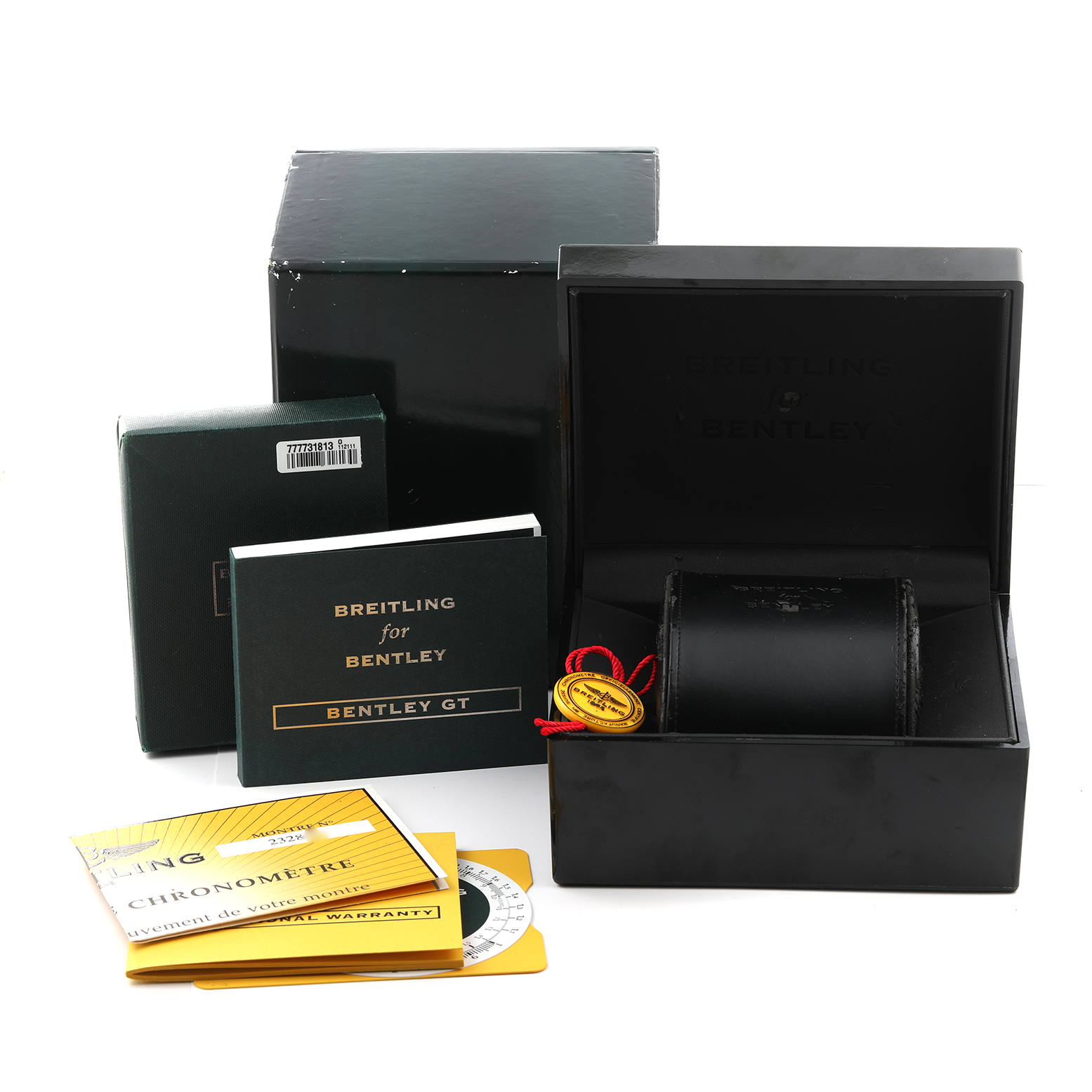 The image shows the packaging and accessories for the Breitling Bentley A1336212/B724 Men's Stainless Steel Black Dial A1336212/B724 Men's Stainless Steel Black Dial model, including a box, manual, and warranty card.