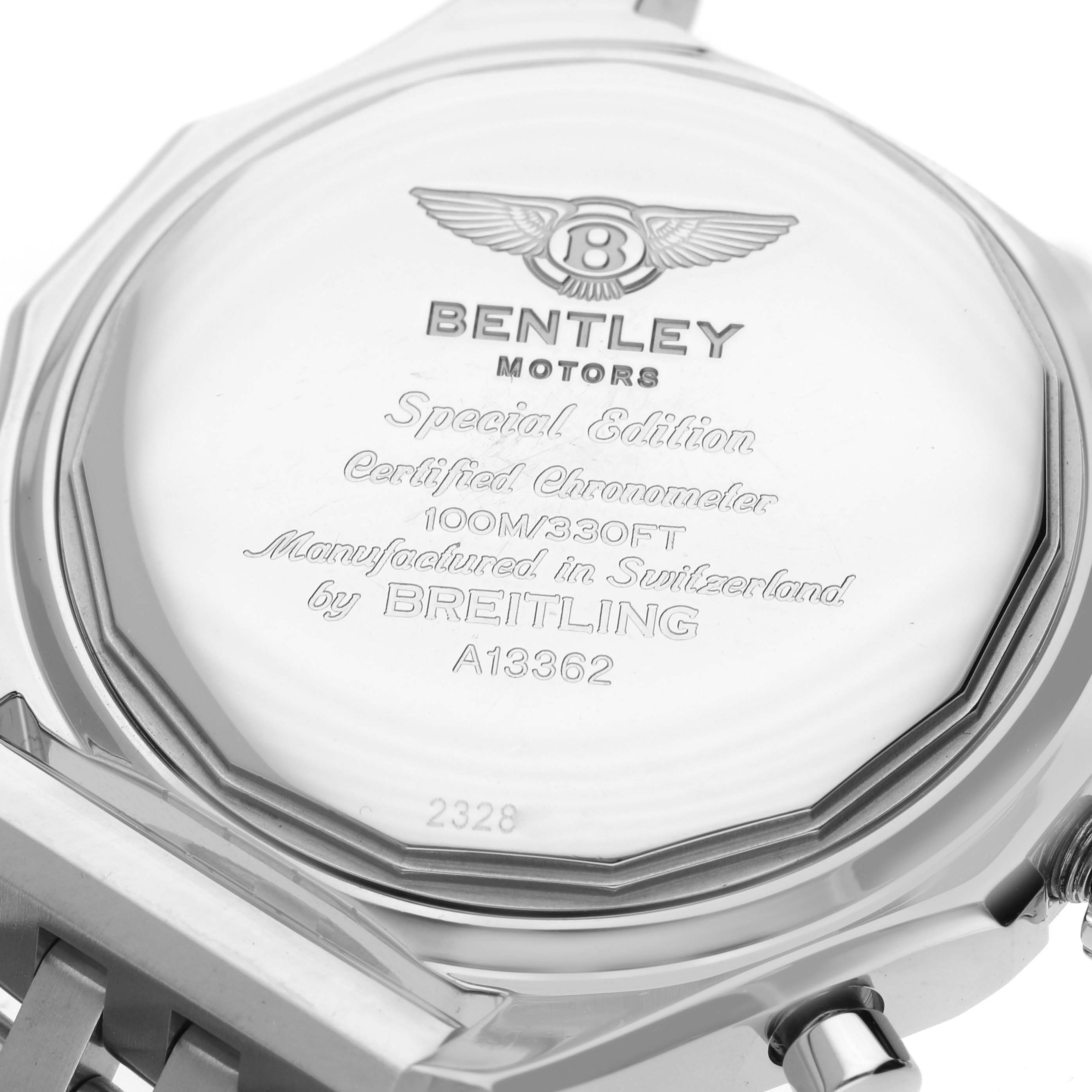 The image shows the back case of a Breitling Bentley A1336212/B724 Men's Stainless Steel Black Dial A1336212/B724 Men's Stainless Steel Black Dial watch with model details and branding engraved.